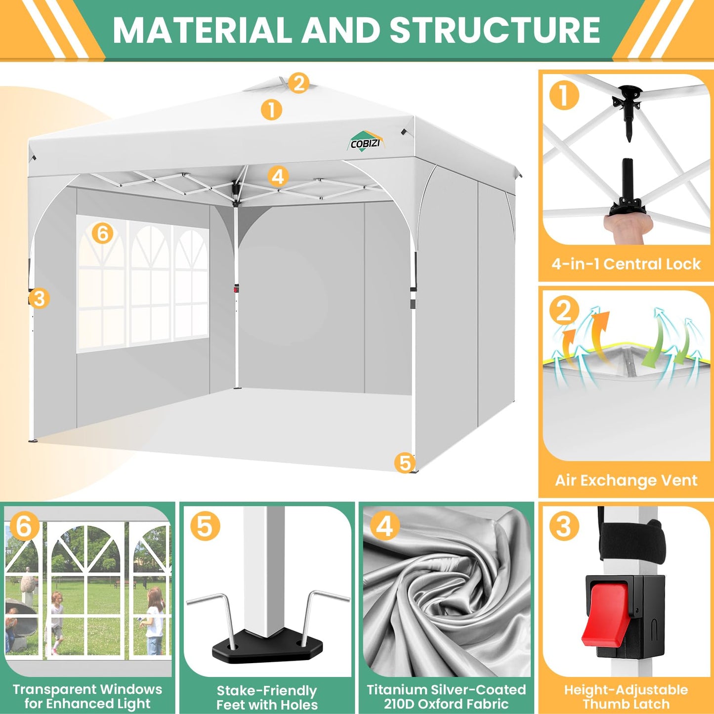 COBIZI 10x20 Pop Up Canopy Tent, Outdoor Party Tent with 4 Sidewalls, 1 Person Easy Set up, Tents for Parties with Fluorescent Strip & 4 Sandbags, Waterproof UPF50+, 3 Adjustable Height, Gray