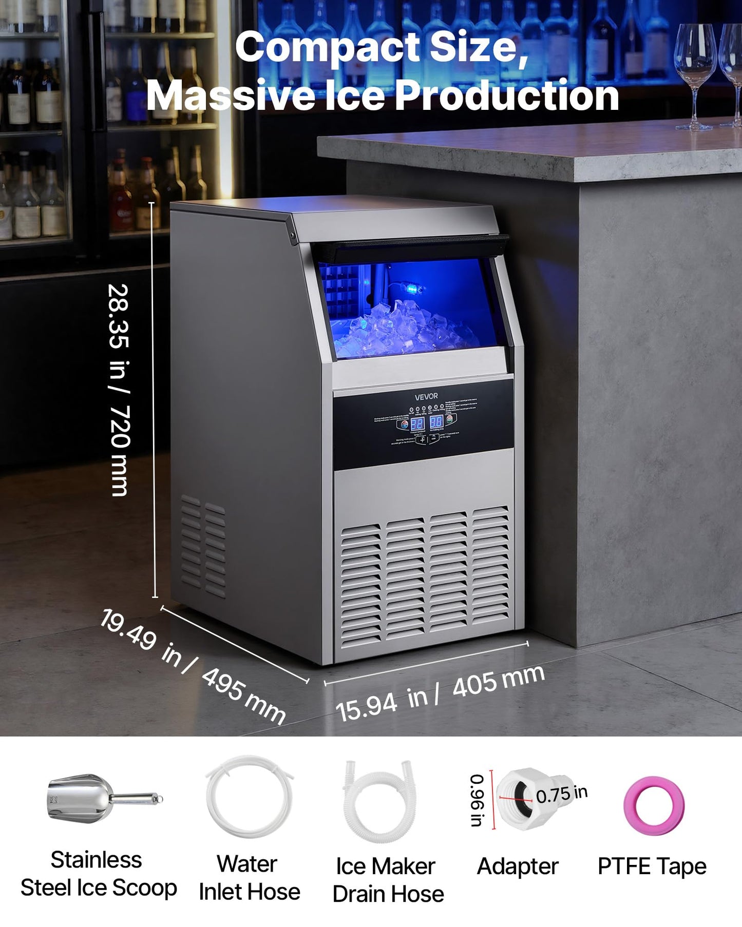 VEVOR Commercial Ice Maker Machine, 265 lbs/24h with 85 lbs Storage Capacity, Built-in/Freestanding/Under Counter, Stainless Steel Ice Maker with LED Display & Self-Cleaning, for Home Bar Restaurant