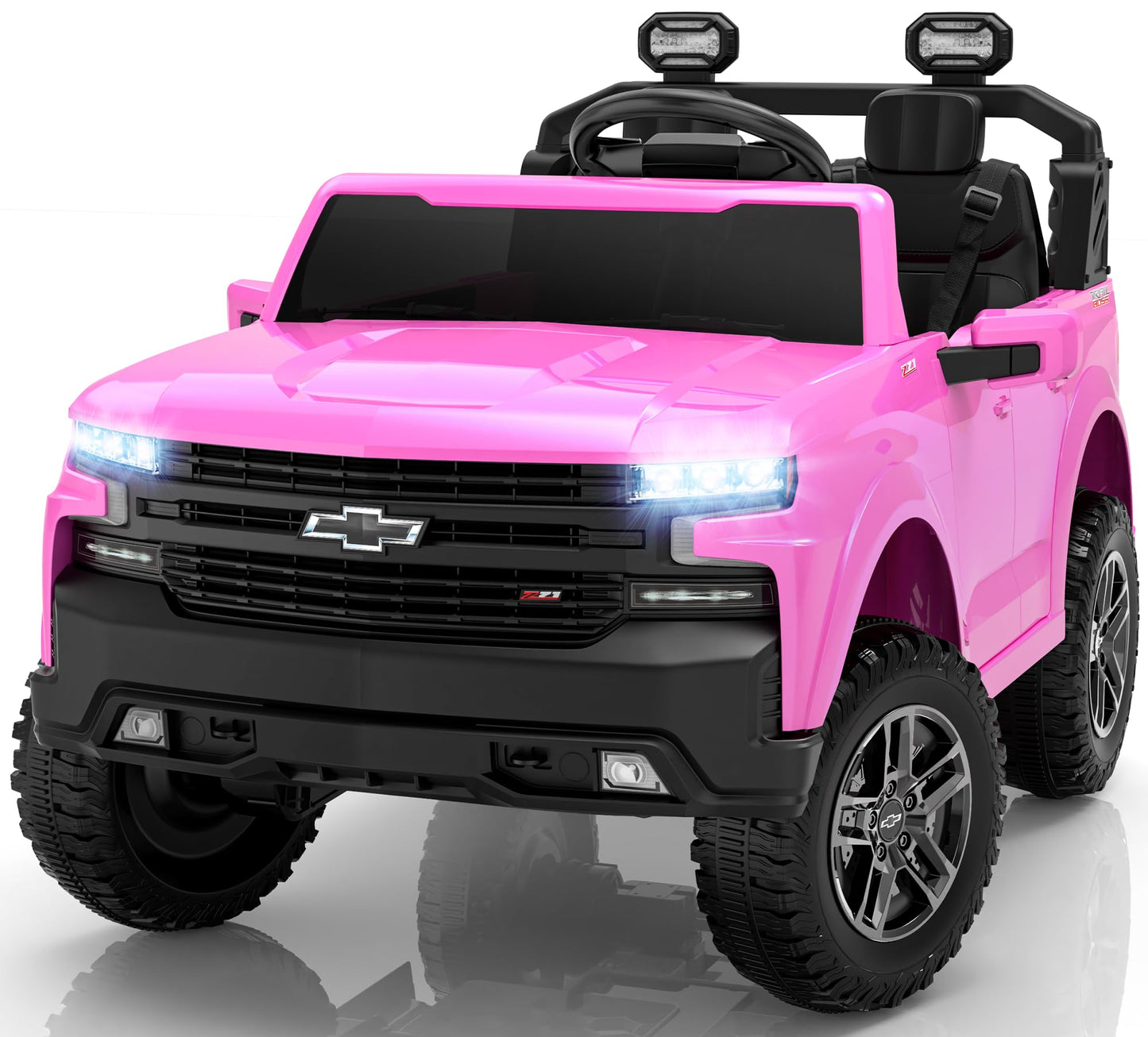 ENYOPRO 24V Ride on Toys, Licensed Chevrolet Silverado LT Trail Boss 2 Seater Ride on Car for Kids, Toddler Electric Car w/Remote Control, Safety Belt, Truck Bed Storage, LED Lights, Bluetooth, Black