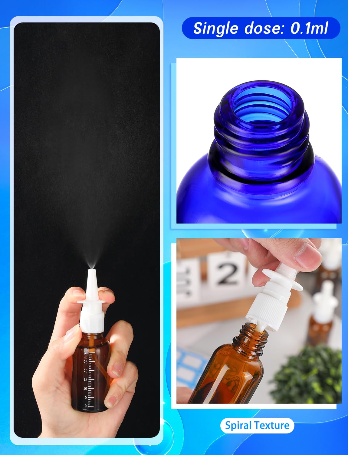 10 Pcs Nasal Spray Bottle, 10ML/0.35OZ 6Pcs Glass Empty Blue Scale Nose Spray Bottles Refillable with 2 Funnels and 2 Labels