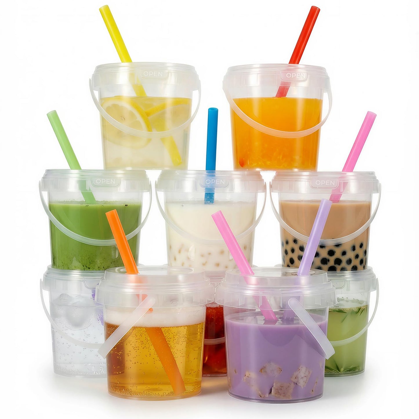 Airtight Clear Plastic Bucket with Lid, Ice Buckets for Parties, Reusable Ice Cream Tub with Handle, Food Storage Container, Food Grade Freezer and Microwave Safe for Sauce, Soup (16 OZ/500 ML)