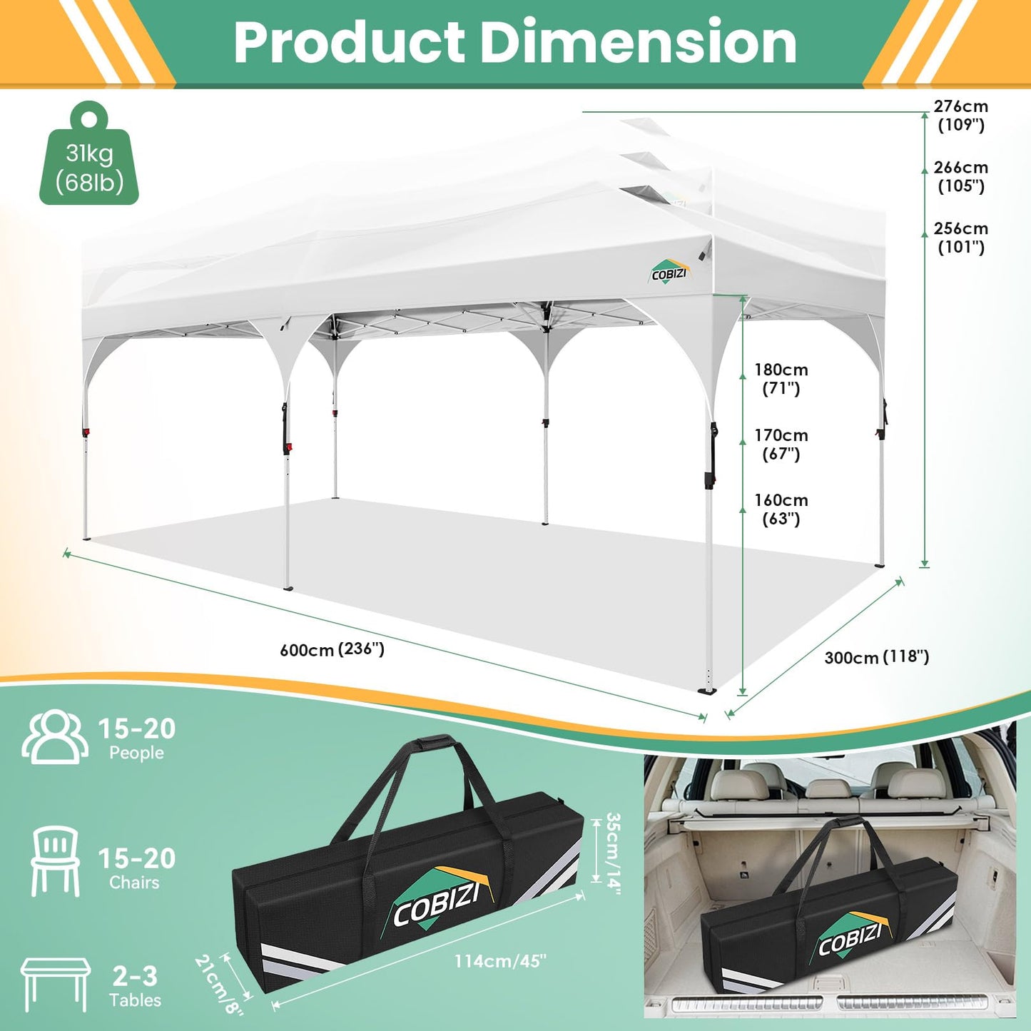 COBIZI 10x20 Pop Up Canopy Tent, Outdoor Party Tent with 4 Sidewalls, 1 Person Easy Set up, Tents for Parties with Fluorescent Strip & 4 Sandbags, Waterproof UPF50+, 3 Adjustable Height, Gray