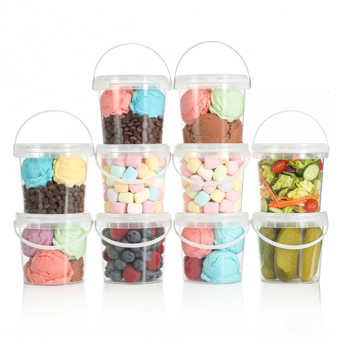 Airtight Clear Plastic Bucket with Lid, Ice Buckets for Parties, Reusable Ice Cream Tub with Handle, Food Storage Container, Food Grade Freezer and Microwave Safe for Sauce, Soup (16 OZ/500 ML)