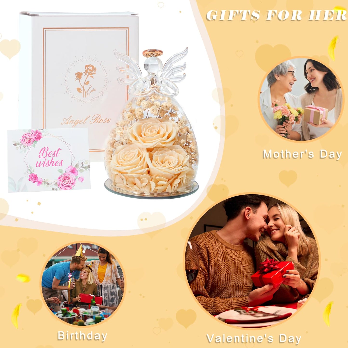 Beferr Mothers Day Mom Birthday Gifts for Women, Fresh Flowers for Delivery Forever Preserved Rose in Glass Angel Figurine, Anniversary Christian Real Rose for Grandma Nana Wife Mum from Daughter Son
