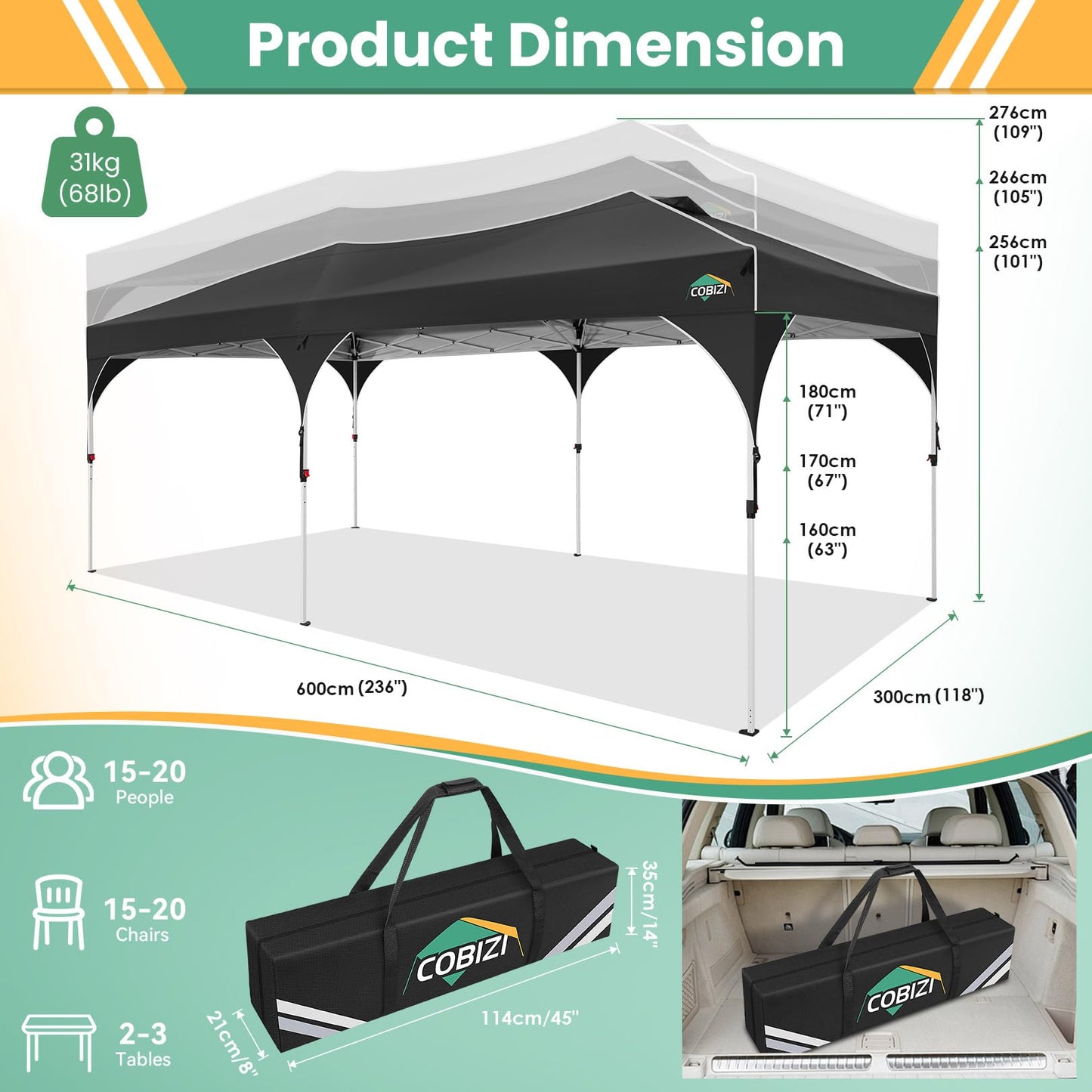 COBIZI 10x20 Pop Up Canopy Tent, Outdoor Party Tent with 4 Sidewalls, 1 Person Easy Set up, Tents for Parties with Fluorescent Strip & 4 Sandbags, Waterproof UPF50+, 3 Adjustable Height, Gray