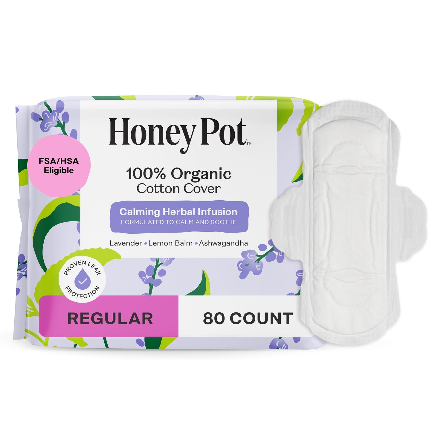 Honey Pot - Calming Herbal Super Sanitary Pads for Women - 100% Organic Cotton Top Sheet - Feminine Care - Non Cooling - Calming Herbs of Lavender, Ashwagandha, & Lemon Balm - 16ct