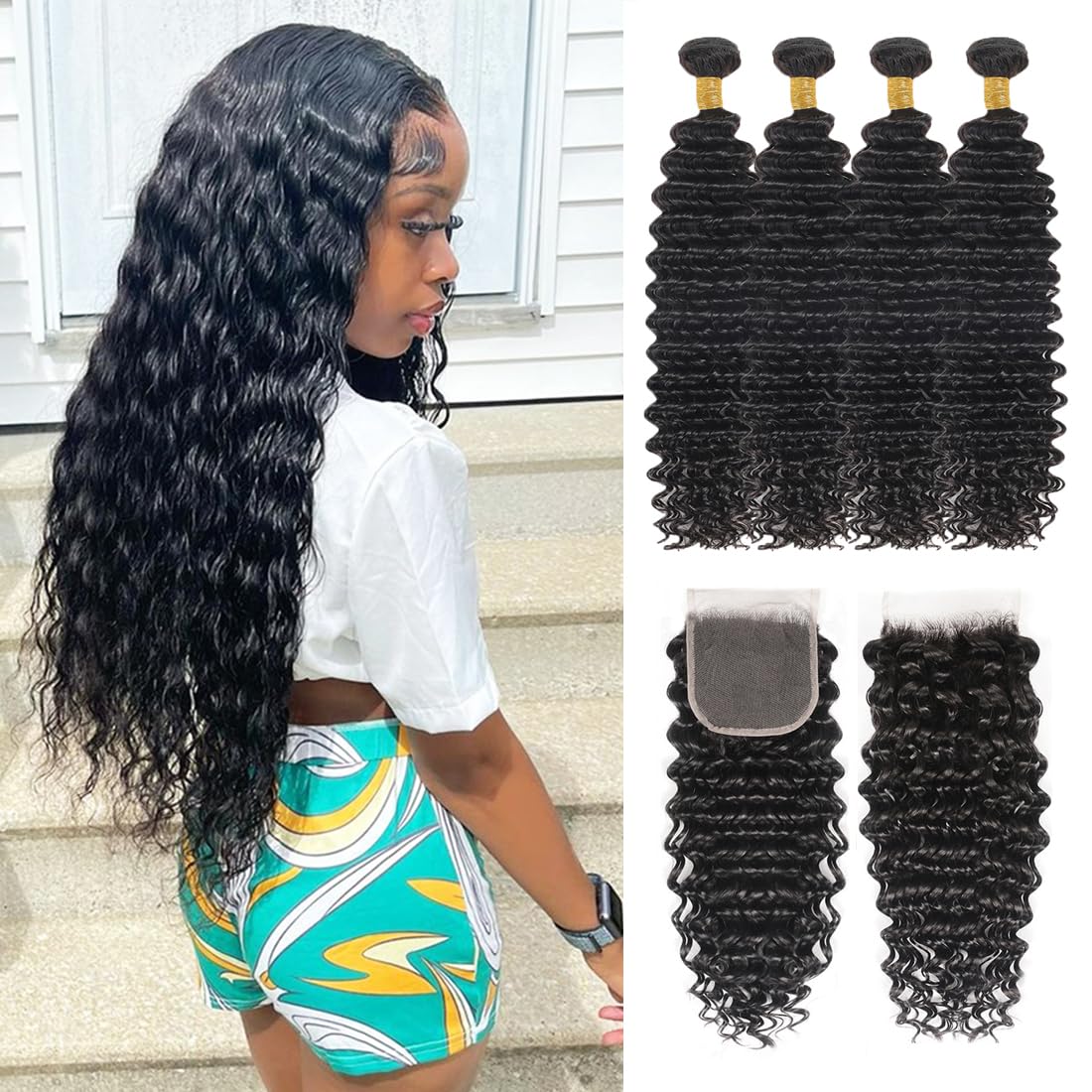 Closure with Bundles (16 18 20 22+14 Closure) Free Part Deep Wave 4 Bundles with 4x4 Lace Closure 100% Unprocessed Brazilian Virgin Remy Hair Curly Bundles Hair Extension Double Weft Natural Color