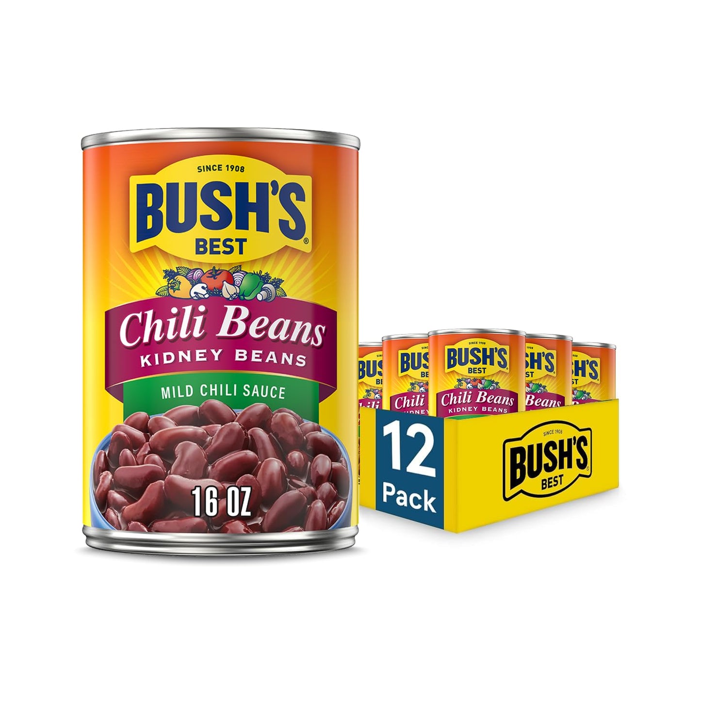 BUSH'S BEST 16 oz Canned Mild Red Chili Beans, Source of Plant Based Protein and Fiber, Low Fat, Gluten Free, (Pack of 12)