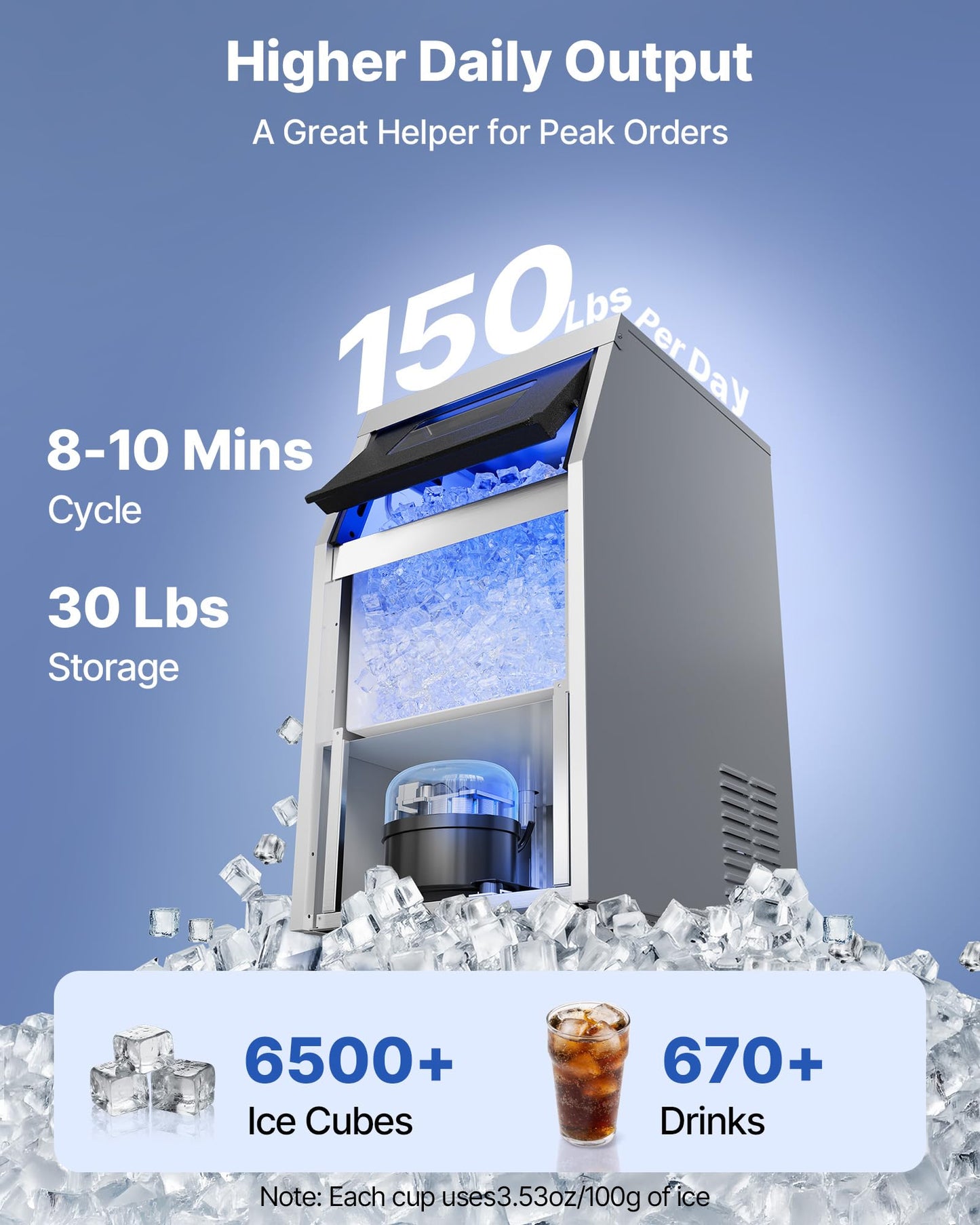 VEVOR Commercial Ice Maker Machine, 265 lbs/24h with 85 lbs Storage Capacity, Built-in/Freestanding/Under Counter, Stainless Steel Ice Maker with LED Display & Self-Cleaning, for Home Bar Restaurant