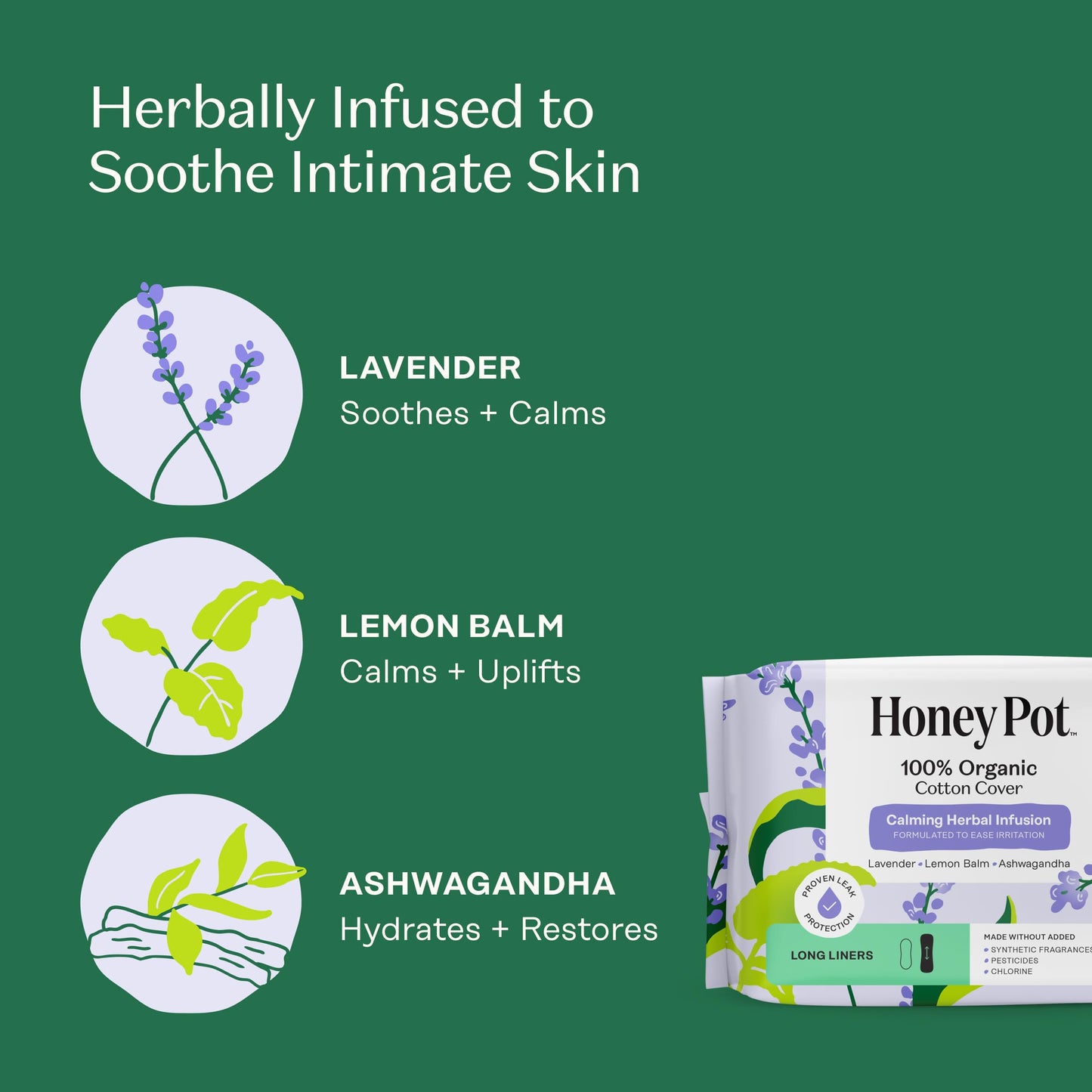 Honey Pot - Calming Herbal Super Sanitary Pads for Women - 100% Organic Cotton Top Sheet - Feminine Care - Non Cooling - Calming Herbs of Lavender, Ashwagandha, & Lemon Balm - 16ct