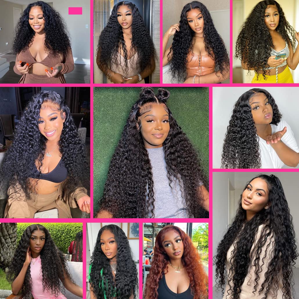 Closure with Bundles (16 18 20 22+14 Closure) Free Part Deep Wave 4 Bundles with 4x4 Lace Closure 100% Unprocessed Brazilian Virgin Remy Hair Curly Bundles Hair Extension Double Weft Natural Color
