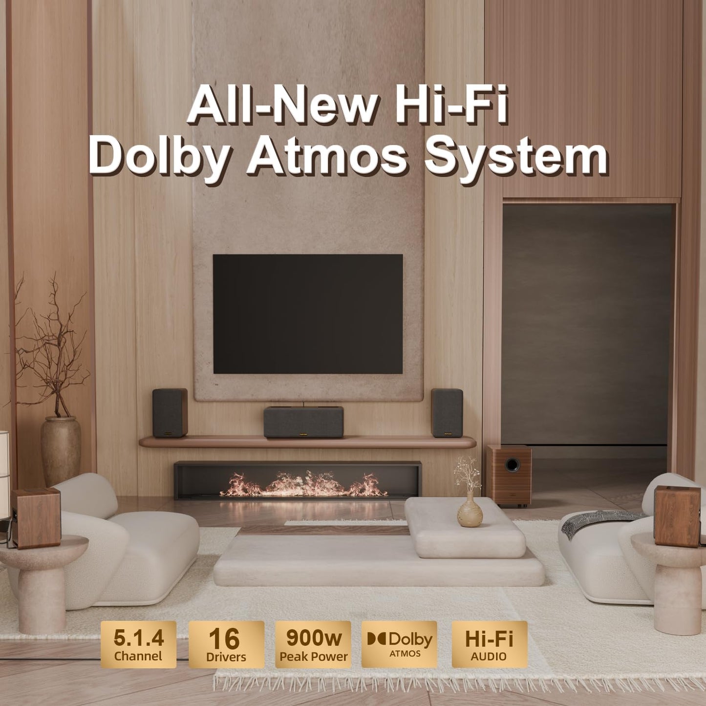 Flagship 5.3.4 Surround Sound System with Dolby Atmos, Soundbar with 2 Wireless Surrounds, 28Hz BassCoupling Tech, 800W Home Theater Sound Bar for Smart TV w/eARC, BT 5.4, Color: Brown