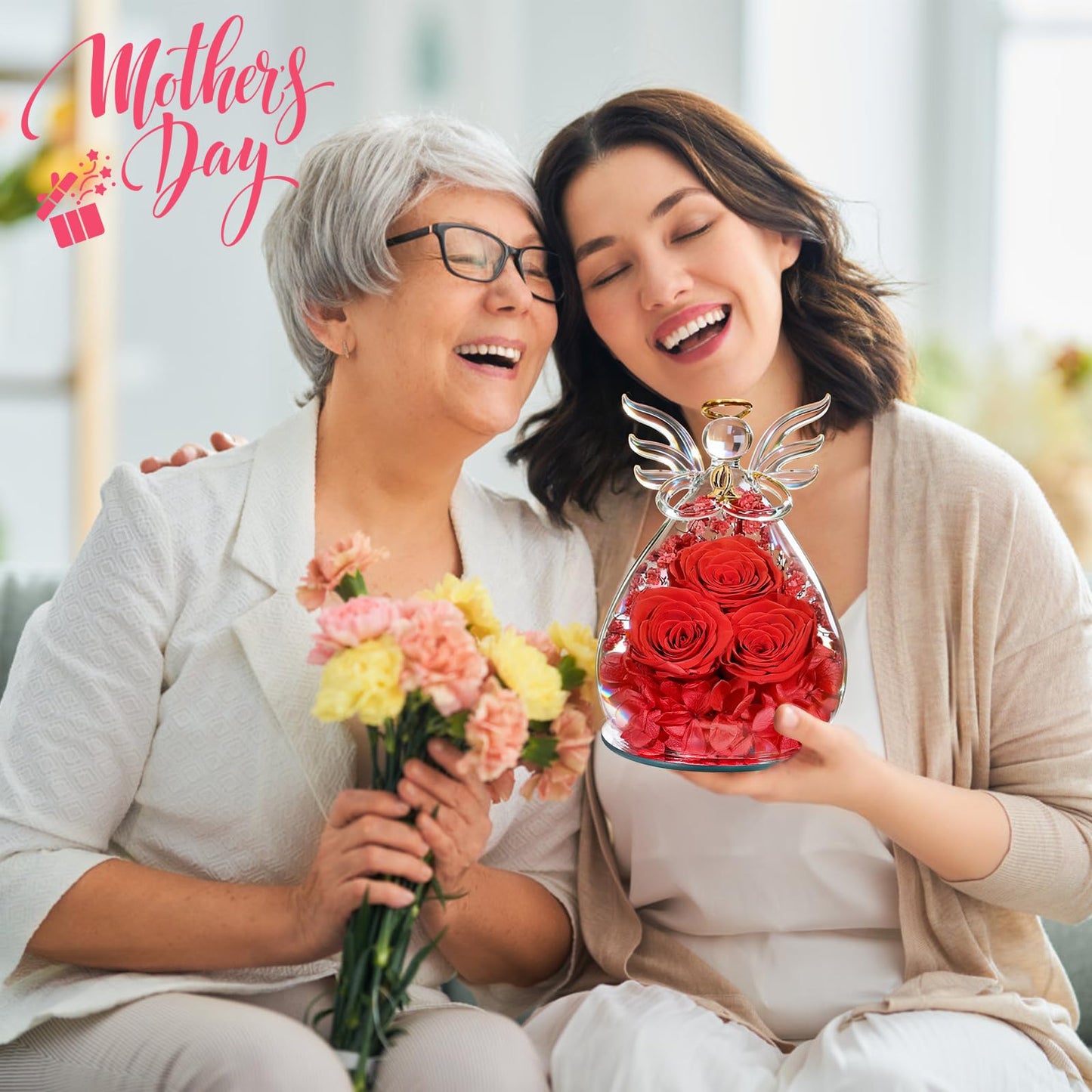 Beferr Mothers Day Mom Birthday Gifts for Women, Fresh Flowers for Delivery Forever Preserved Rose in Glass Angel Figurine, Anniversary Christian Real Rose for Grandma Nana Wife Mum from Daughter Son