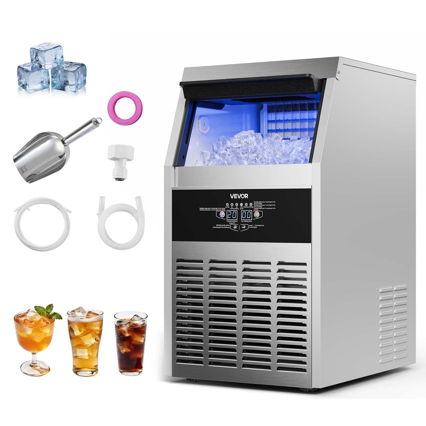 VEVOR Commercial Ice Maker Machine, 265 lbs/24h with 85 lbs Storage Capacity, Built-in/Freestanding/Under Counter, Stainless Steel Ice Maker with LED Display & Self-Cleaning, for Home Bar Restaurant