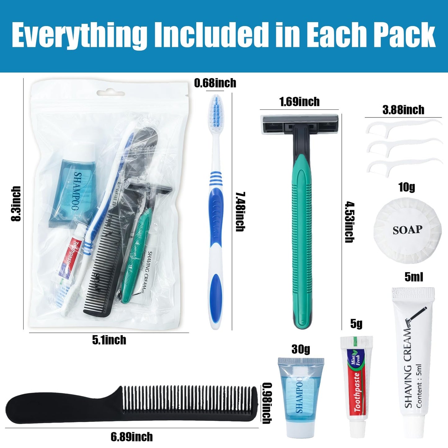 50 Pack Hygiene Kits for Homeless in Bulk, 8-in-1 Personal Toiletry Kit Individually Packed with Toothbrush, Toothpaste, Comb, Flossers,Shampoo, Soap, Razor & Shaving Cream