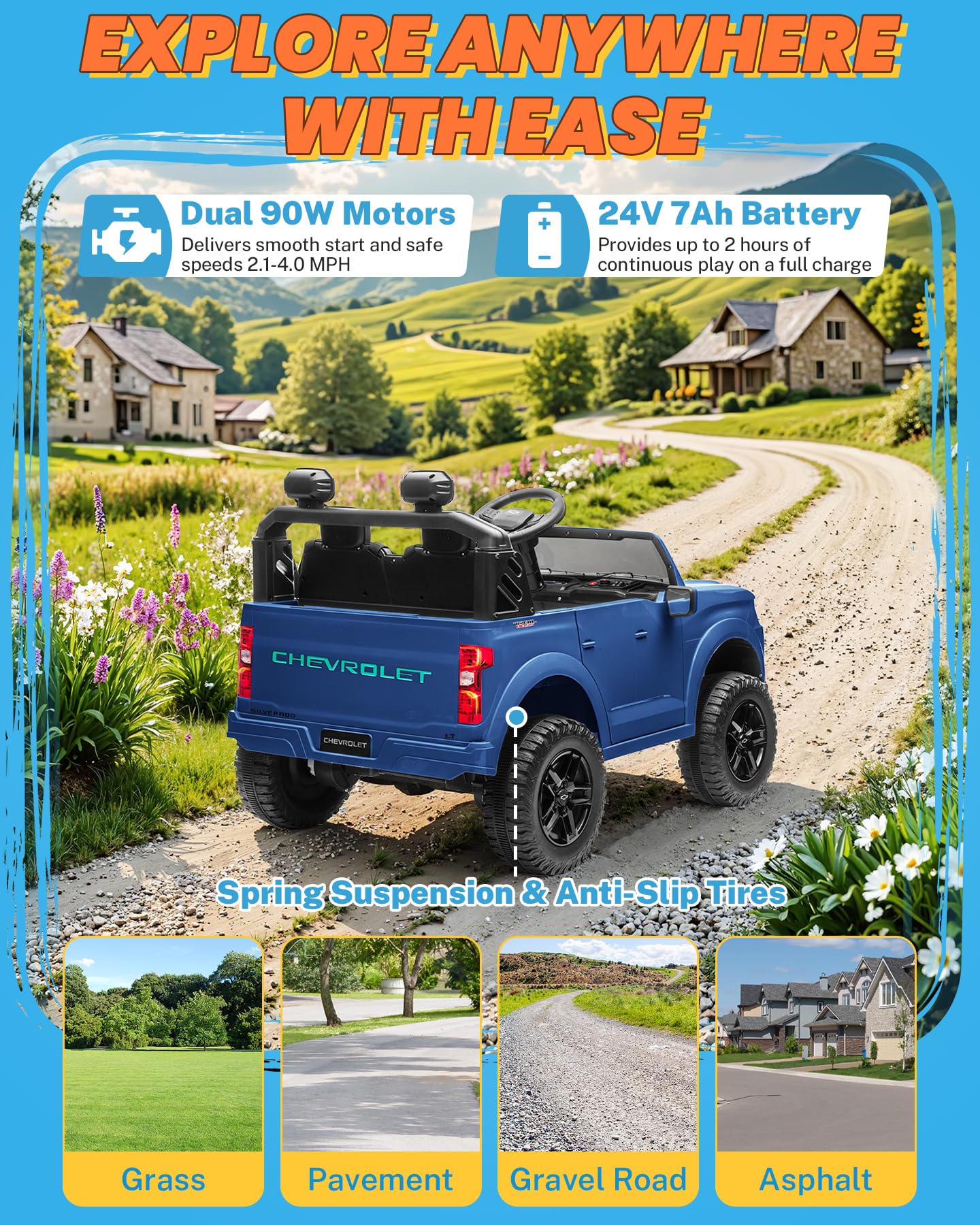 ENYOPRO 24V Ride on Toys, Licensed Chevrolet Silverado LT Trail Boss 2 Seater Ride on Car for Kids, Toddler Electric Car w/Remote Control, Safety Belt, Truck Bed Storage, LED Lights, Bluetooth, Black
