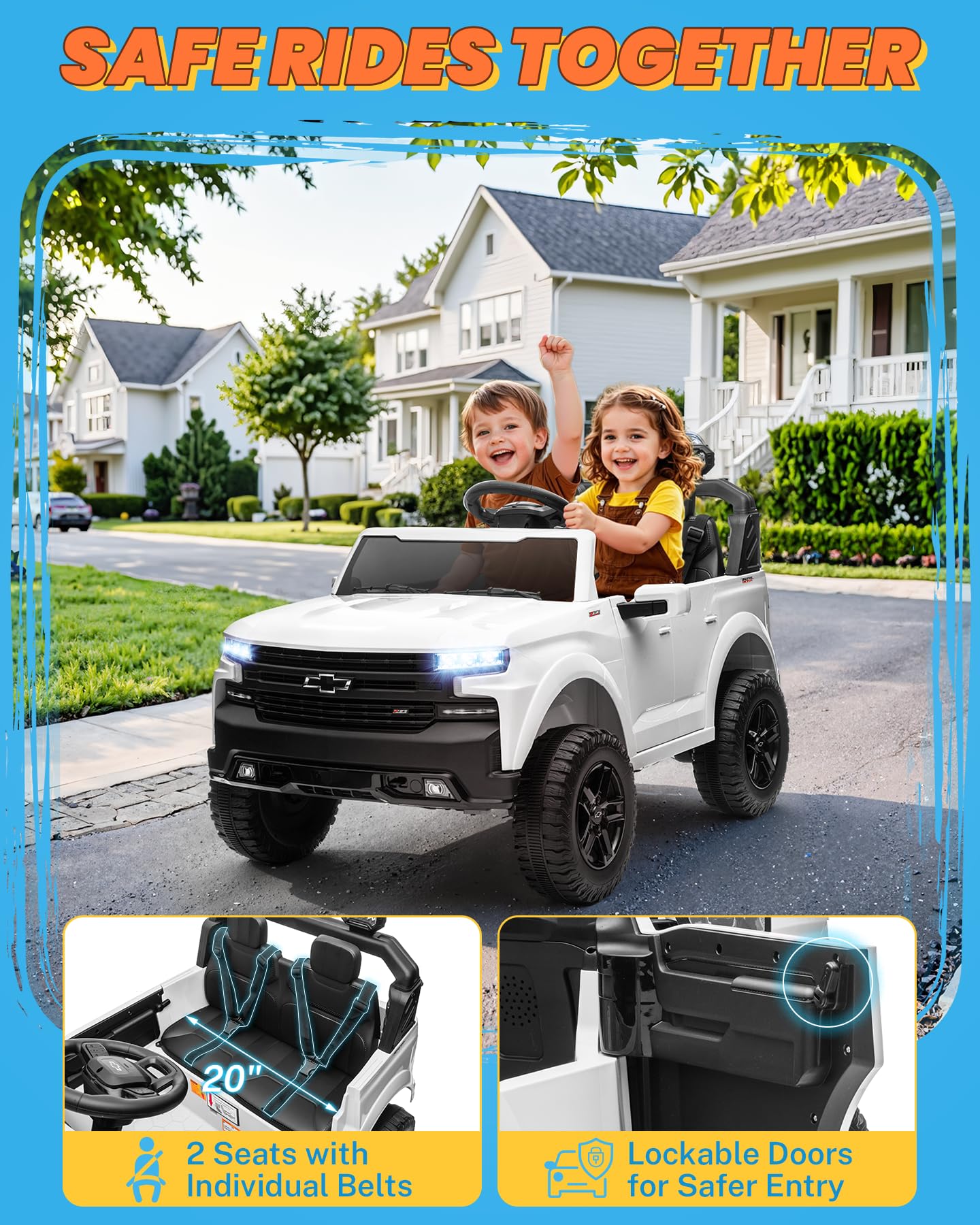 ENYOPRO 24V Ride on Toys, Licensed Chevrolet Silverado LT Trail Boss 2 Seater Ride on Car for Kids, Toddler Electric Car w/Remote Control, Safety Belt, Truck Bed Storage, LED Lights, Bluetooth, Black