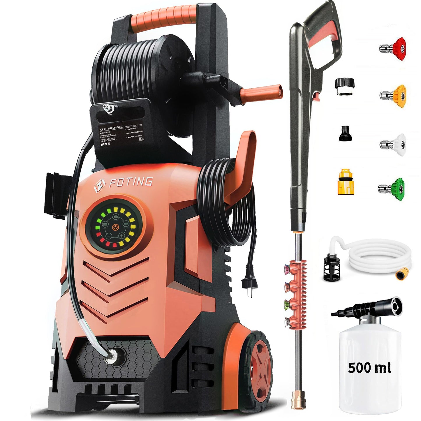 2026new Pressure Washer 5000PSI with Adj-8-Level Touch Screen, 34" Tall Power Washer, 4 Quick Connect Nozzles, Inlet Hose&Filter&500mlFoam Cannon for Cars/Fences/Driveways,Blue