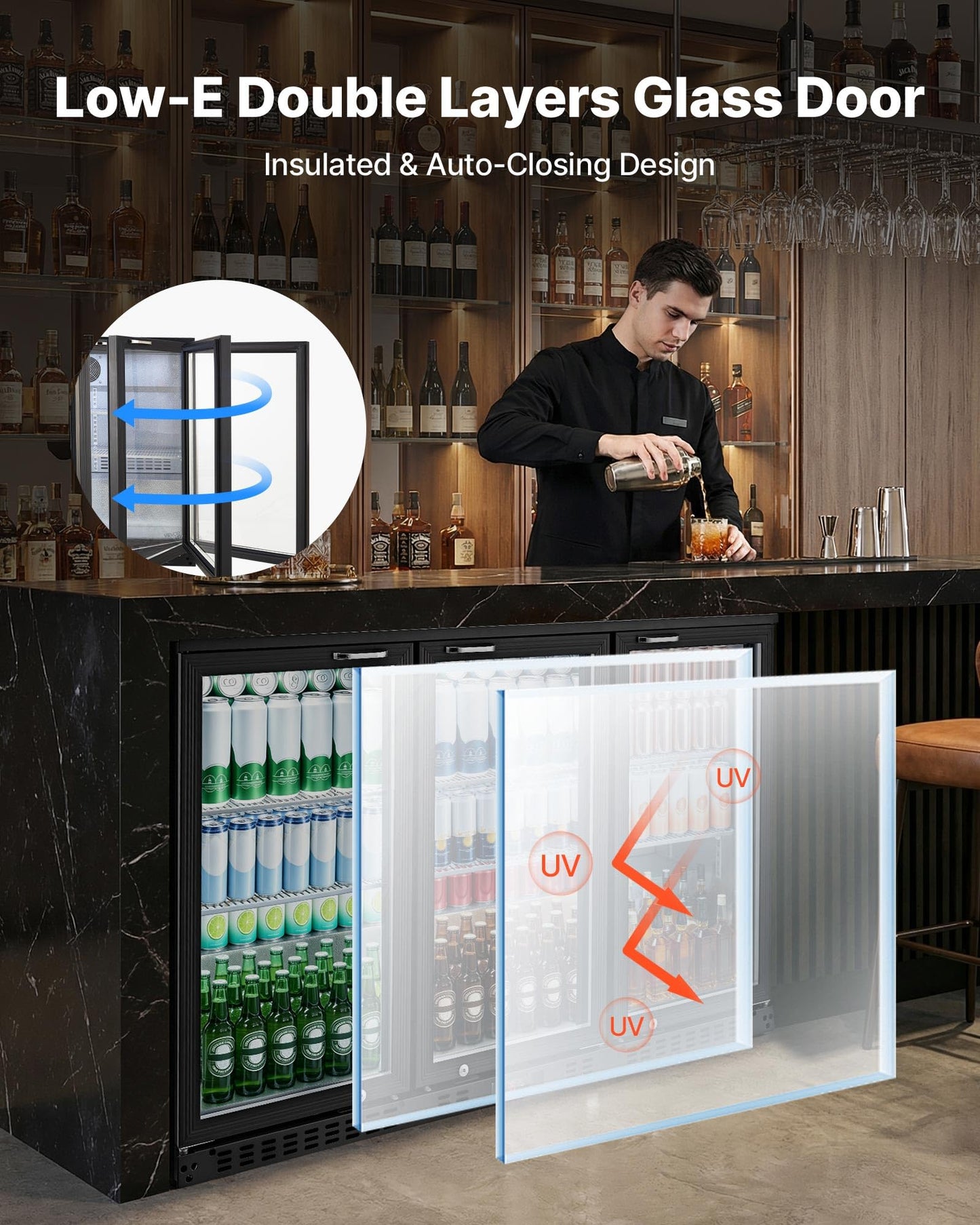 VEVOR Back Bar Cooler, 7.4 Cu. Ft Commercial Beverage Refrigerator, Under Counter Bar Fridge with 2 Sliding Doors, LED Lighting, Adjustable Shelves, Low-E Glass Display Cooler for Beer, Wine, Drink