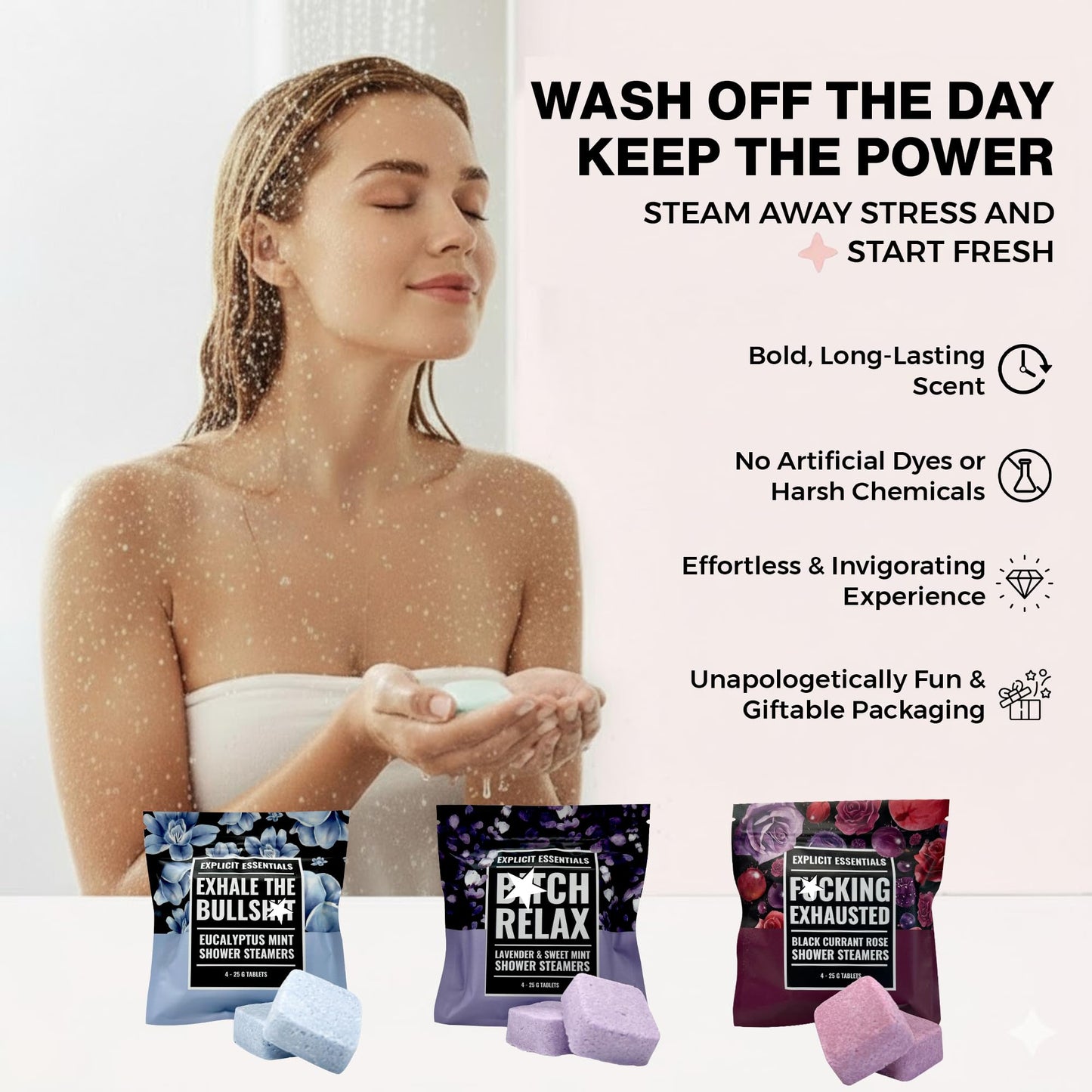 Explicit Essentials Shower Steamers Gift Set | 4 Funny Handmade Aromatherapy Shower Bombs | Relaxation & Stress Relief Spa Gift for Self-Care, Birthdays & Holidays