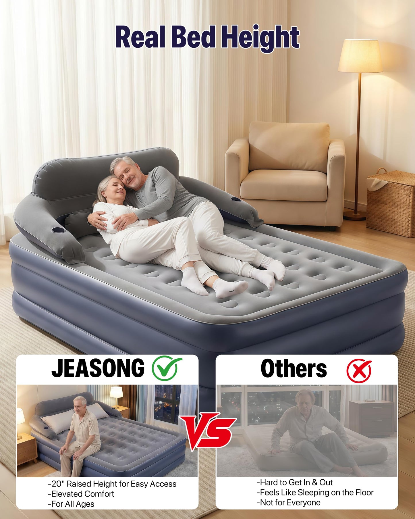 A-ER-FA Queen Air Mattress with Detachable Headboard and Cup Holder - 20 Height 700lbs Capacity Comfort Inflatable Bed for Guests Home Camping and Travel Durable Construction,Colchón Inflable,Air Bed