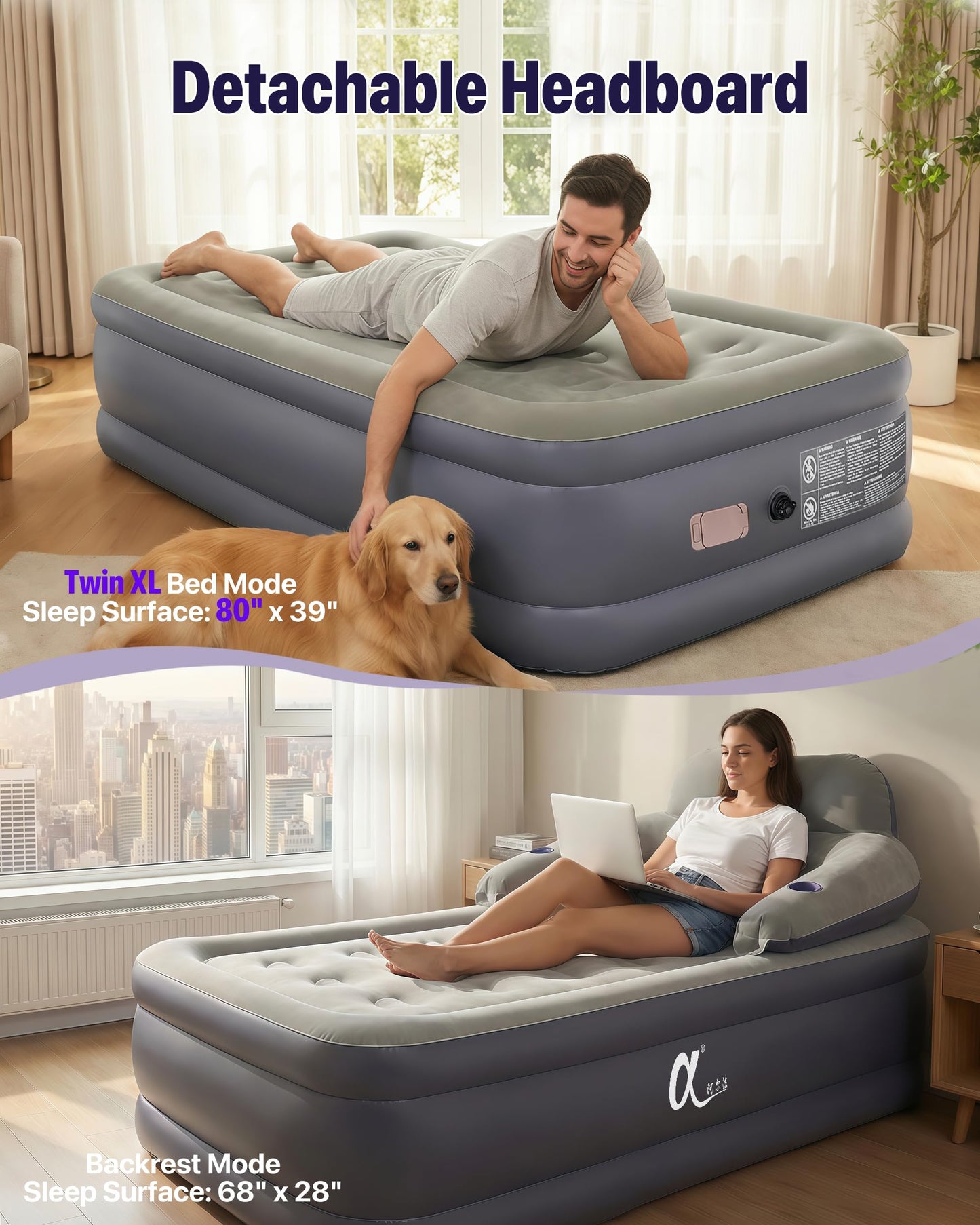 A-ER-FA Queen Air Mattress with Detachable Headboard and Cup Holder - 20 Height 700lbs Capacity Comfort Inflatable Bed for Guests Home Camping and Travel Durable Construction,Colchón Inflable,Air Bed