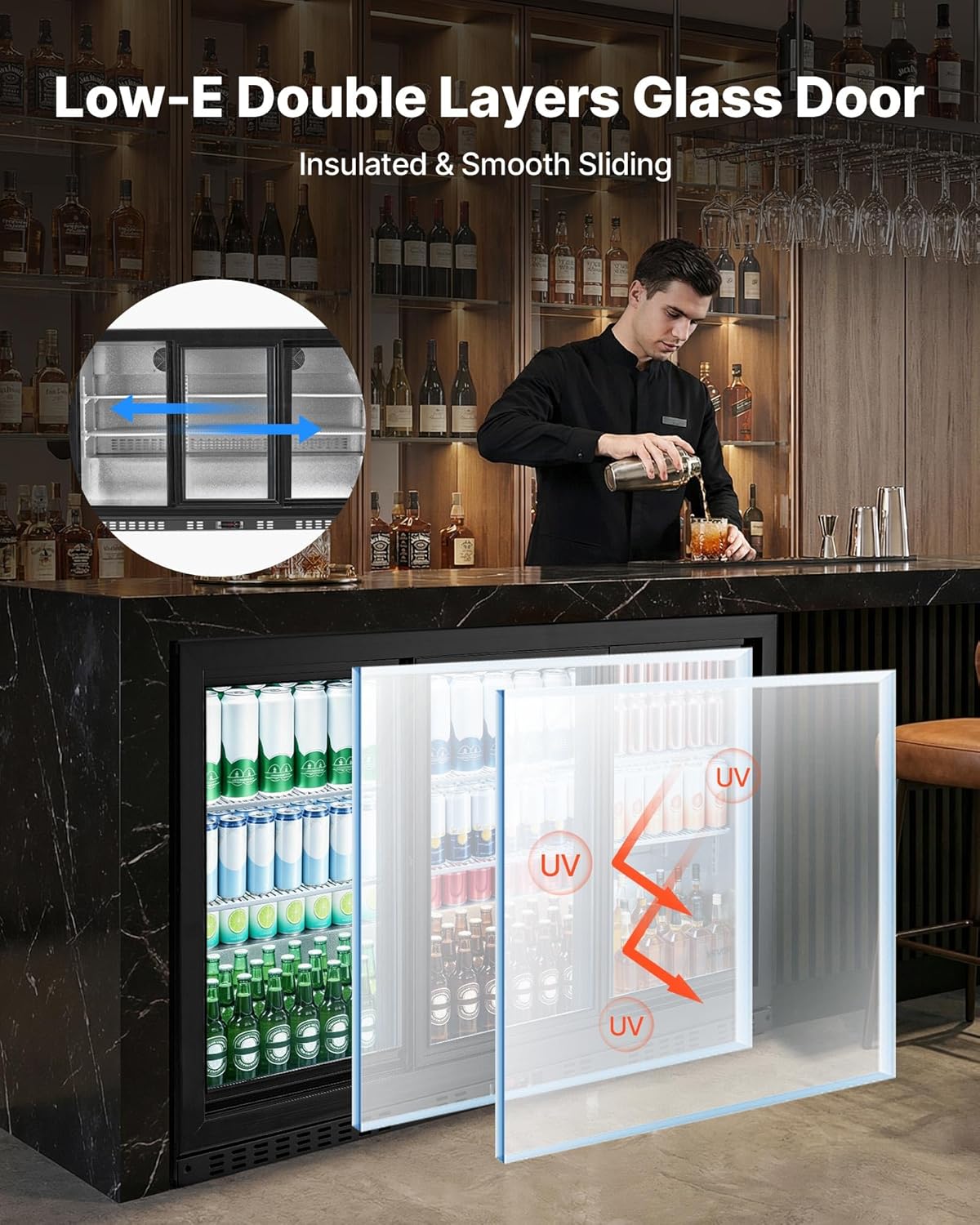 VEVOR Back Bar Cooler, 7.4 Cu. Ft Commercial Beverage Refrigerator, Under Counter Bar Fridge with 2 Sliding Doors, LED Lighting, Adjustable Shelves, Low-E Glass Display Cooler for Beer, Wine, Drink