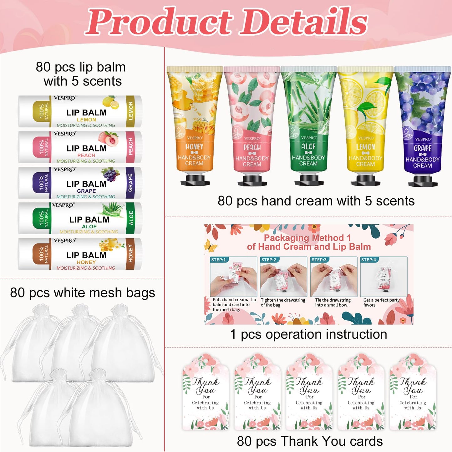 VESPRO 30 Pack Bulk Hand Cream and Bulk Lip Balm Sets, Mothers Day Gifts, Wedding Favors for Guests with Thank You Card and Organza Bags, Birthday Gift, Teacher Appreciation Gifts and Nurse Gift