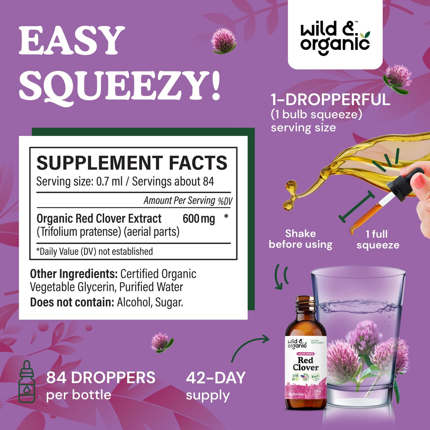 Wild & Organic Red Clover Supplement - Menopause Supplements for Women - Red Clover Extract Drops - Add to Tea Liquid Herb - 2-Month Supply - Sugar & Alcohol-Free Blossom Tincture - 4 fl oz