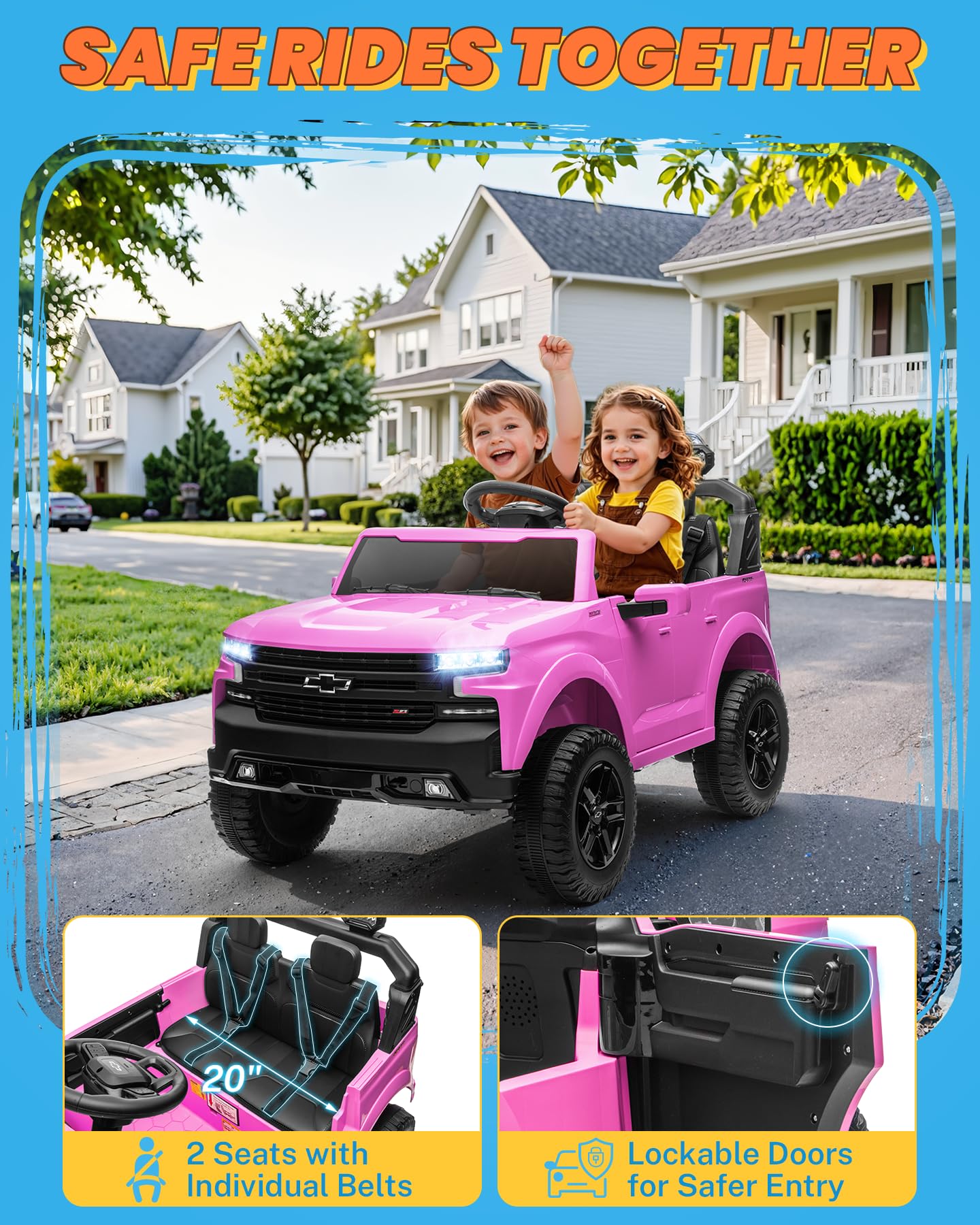 ENYOPRO 24V Ride on Toys, Licensed Chevrolet Silverado LT Trail Boss 2 Seater Ride on Car for Kids, Toddler Electric Car w/Remote Control, Safety Belt, Truck Bed Storage, LED Lights, Bluetooth, Black