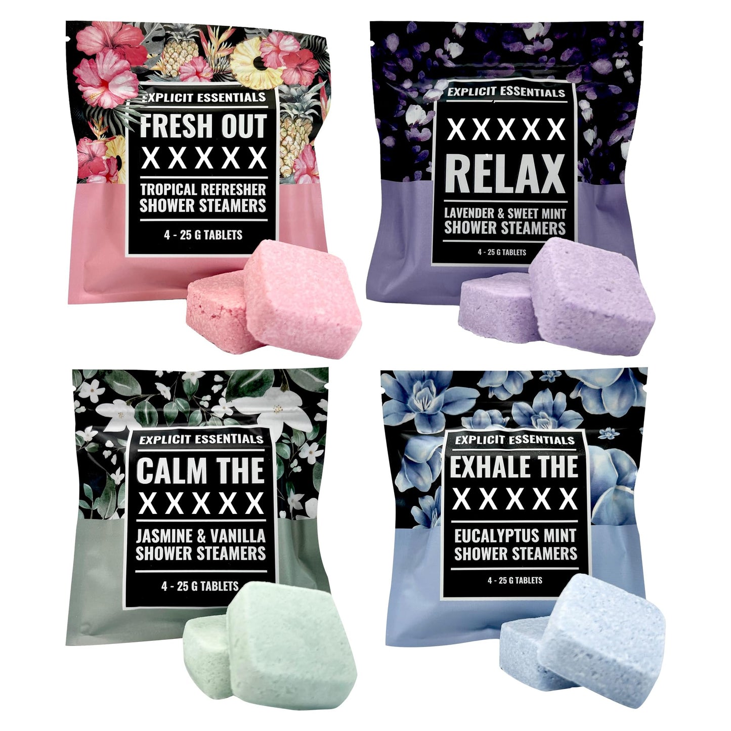 Explicit Essentials Shower Steamers Gift Set | 4 Funny Handmade Aromatherapy Shower Bombs | Relaxation & Stress Relief Spa Gift for Self-Care, Birthdays & Holidays