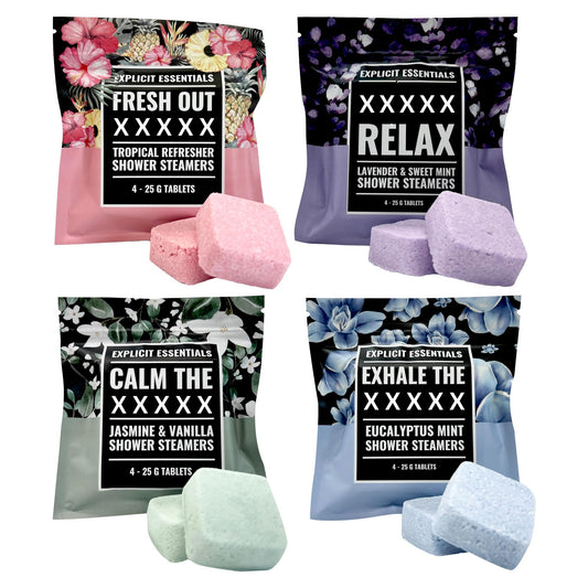 Explicit Essentials Shower Steamers Gift Set | 4 Funny Handmade Aromatherapy Shower Bombs | Relaxation & Stress Relief Spa Gift for Self-Care, Birthdays & Holidays