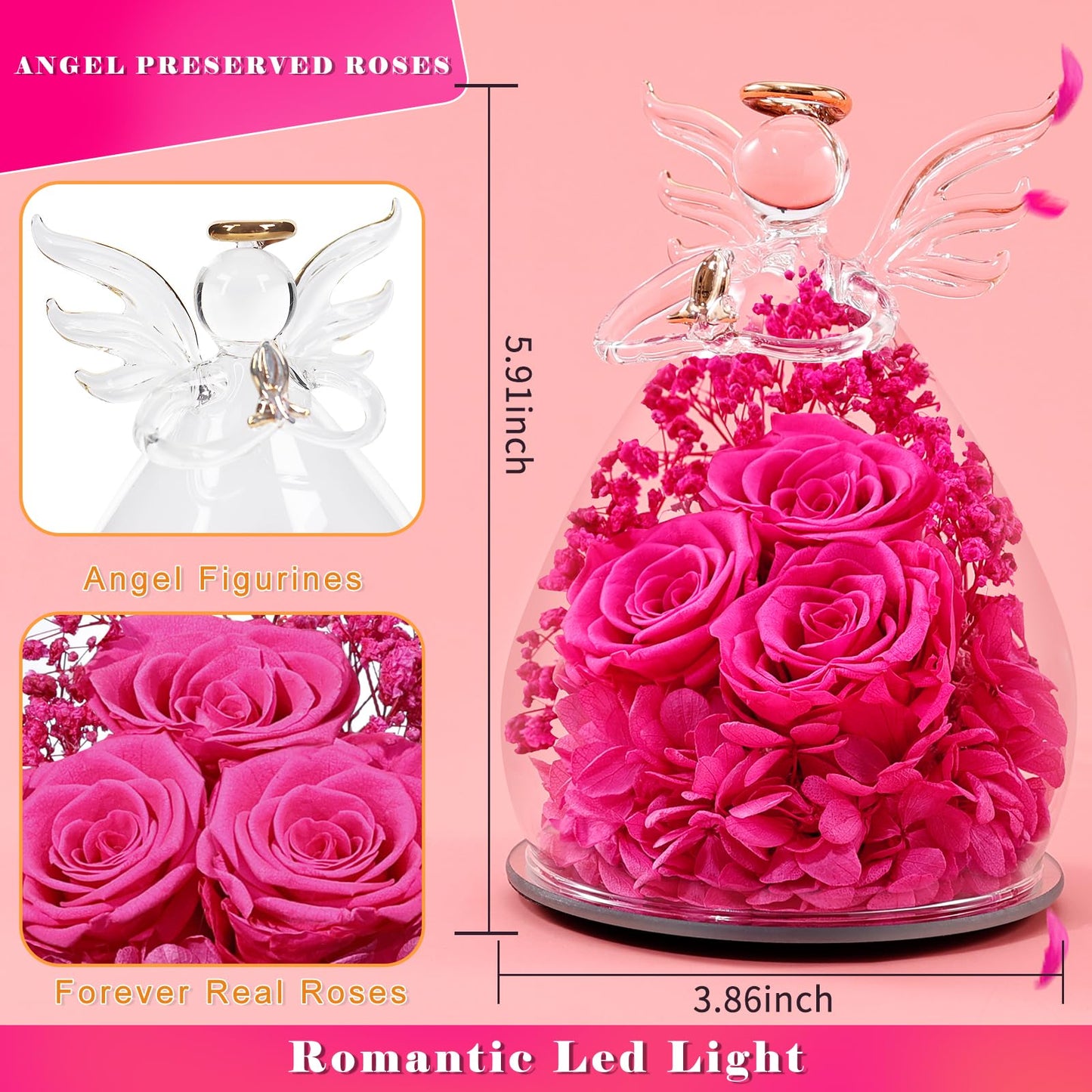 Beferr Mothers Day Mom Birthday Gifts for Women, Fresh Flowers for Delivery Forever Preserved Rose in Glass Angel Figurine, Anniversary Christian Real Rose for Grandma Nana Wife Mum from Daughter Son