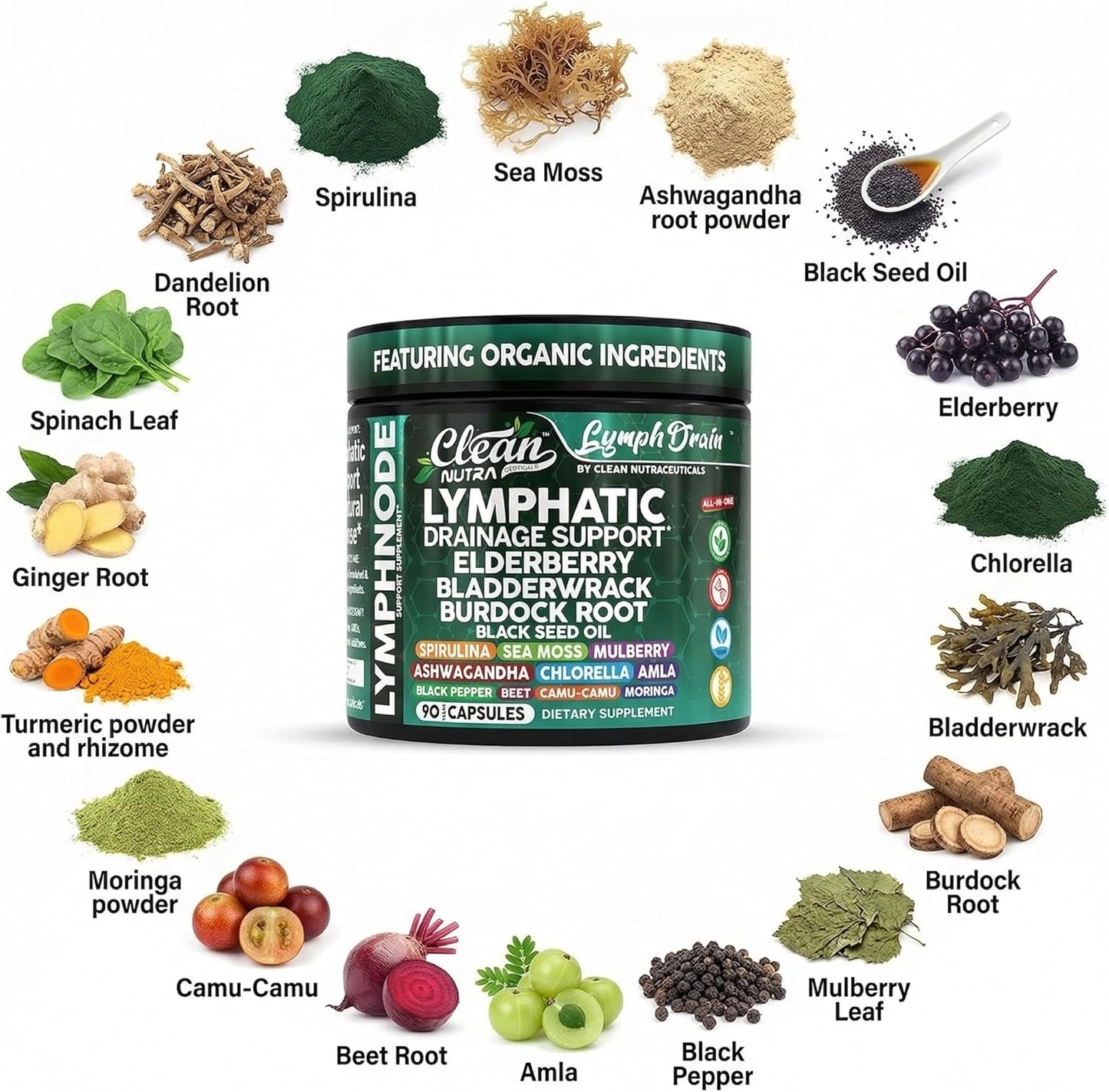 Organic Lymphatic Drainage Supplements | Elderberry Bladderwrack Burdock Root Black Seed Oil Spirulina Sea Moss Ashwagandha Chlorella Amla Beet Moringa Chlorophyll Lymph System Capsules By Clean Nutra