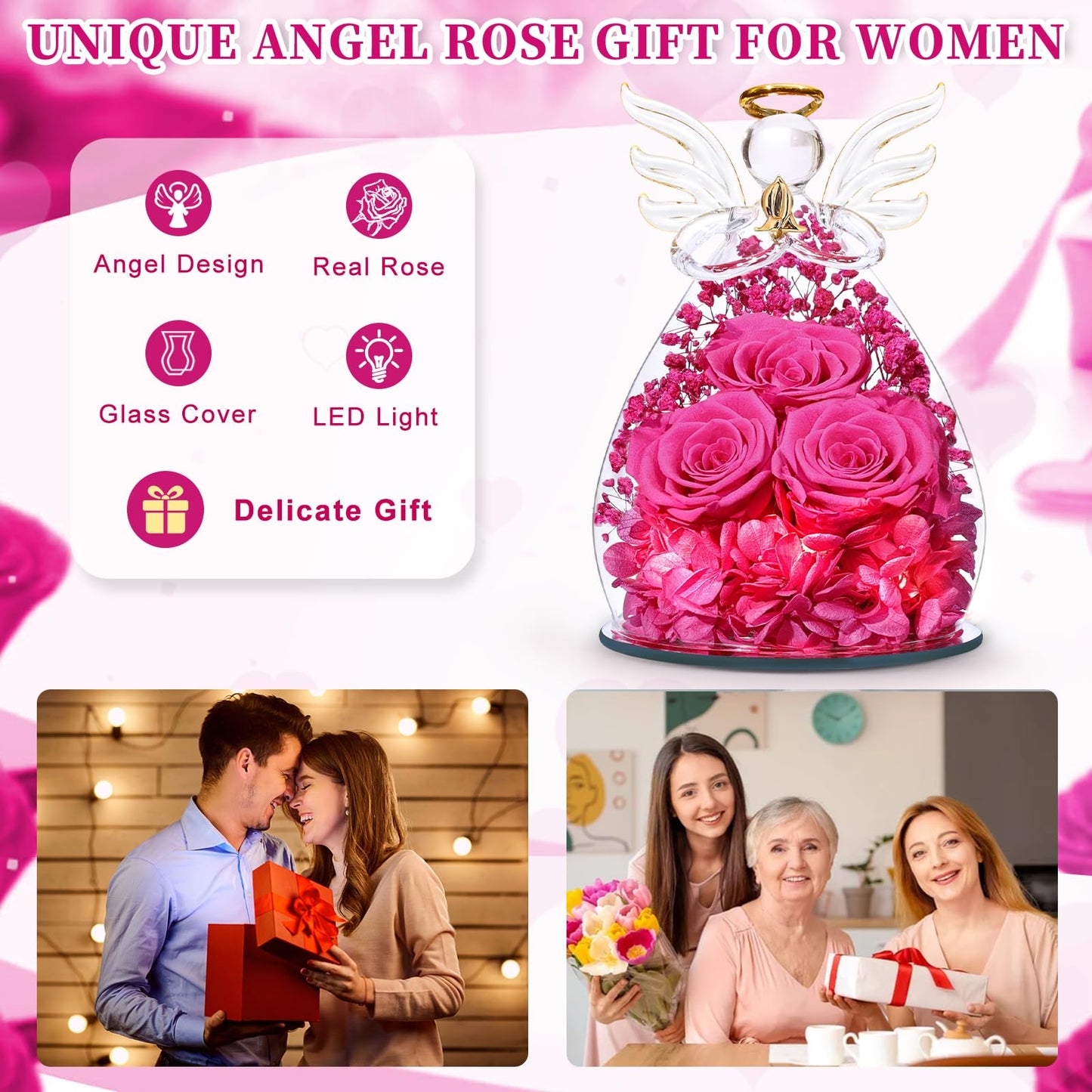 Beferr Mothers Day Mom Birthday Gifts for Women, Fresh Flowers for Delivery Forever Preserved Rose in Glass Angel Figurine, Anniversary Christian Real Rose for Grandma Nana Wife Mum from Daughter Son