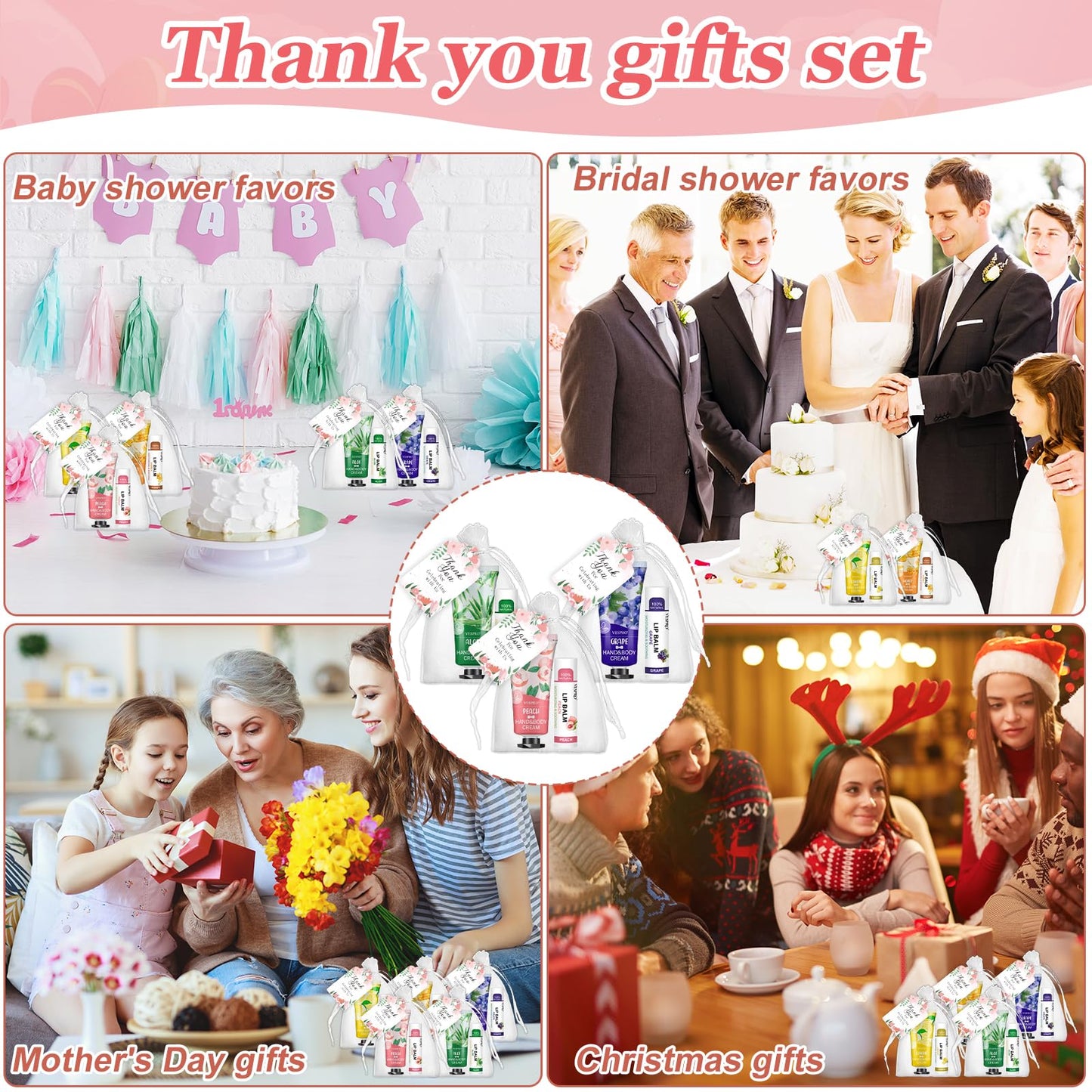 VESPRO 30 Pack Bulk Hand Cream and Bulk Lip Balm Sets, Mothers Day Gifts, Wedding Favors for Guests with Thank You Card and Organza Bags, Birthday Gift, Teacher Appreciation Gifts and Nurse Gift