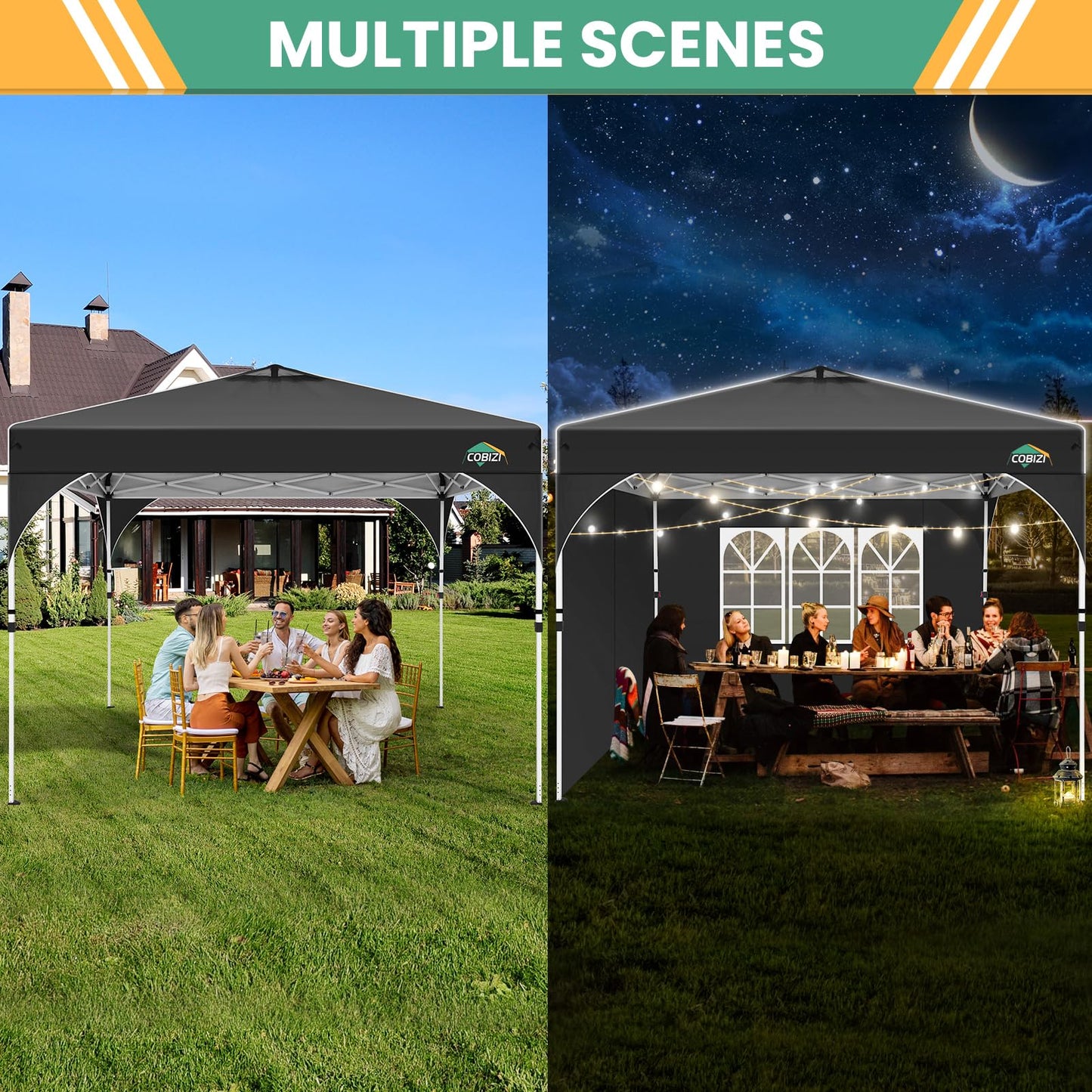 COBIZI 10x20 Pop Up Canopy Tent, Outdoor Party Tent with 4 Sidewalls, 1 Person Easy Set up, Tents for Parties with Fluorescent Strip & 4 Sandbags, Waterproof UPF50+, 3 Adjustable Height, Gray