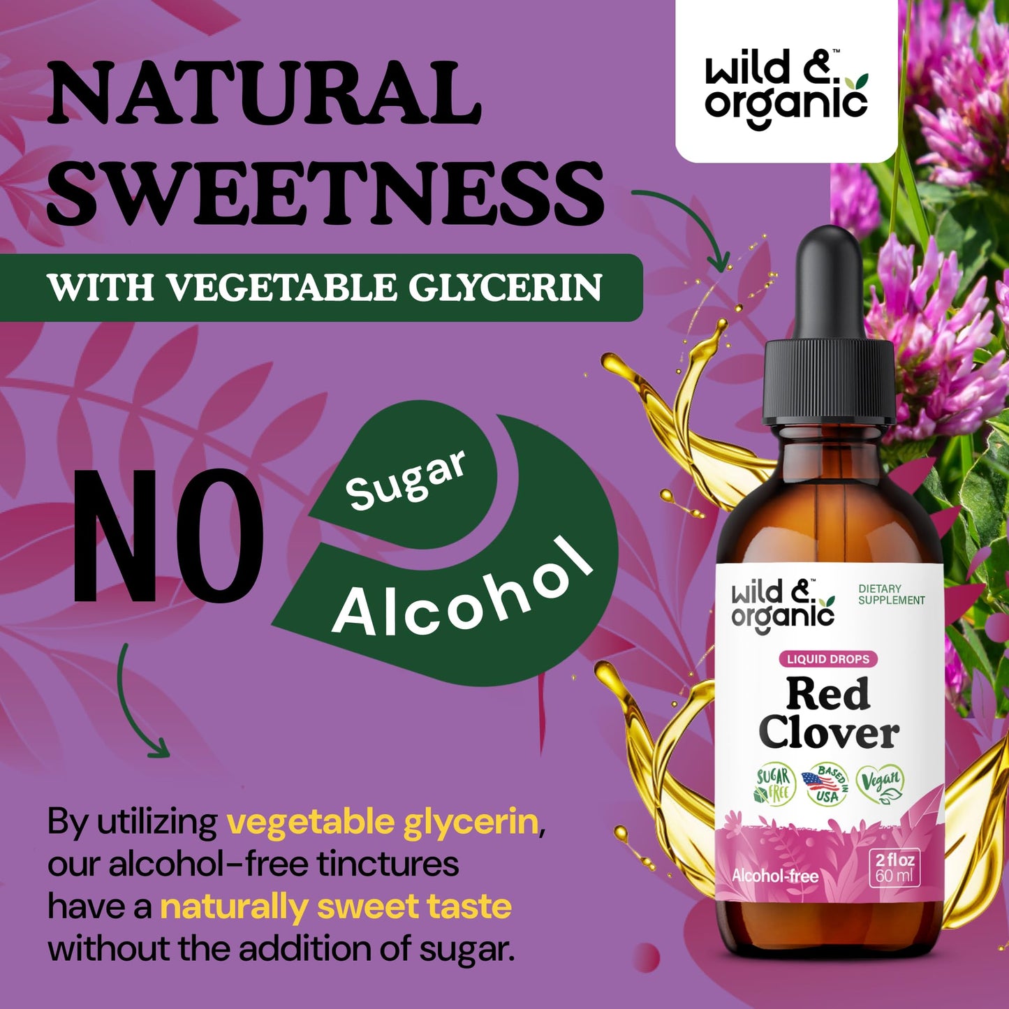 Wild & Organic Red Clover Supplement - Menopause Supplements for Women - Red Clover Extract Drops - Add to Tea Liquid Herb - 2-Month Supply - Sugar & Alcohol-Free Blossom Tincture - 4 fl oz