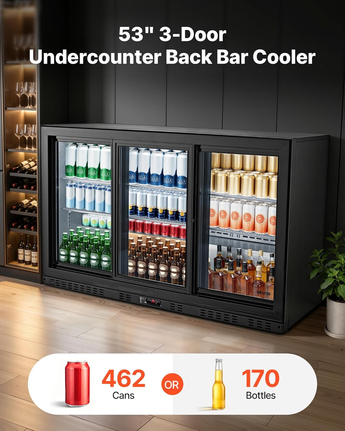 VEVOR Back Bar Cooler, 7.4 Cu. Ft Commercial Beverage Refrigerator, Under Counter Bar Fridge with 2 Sliding Doors, LED Lighting, Adjustable Shelves, Low-E Glass Display Cooler for Beer, Wine, Drink