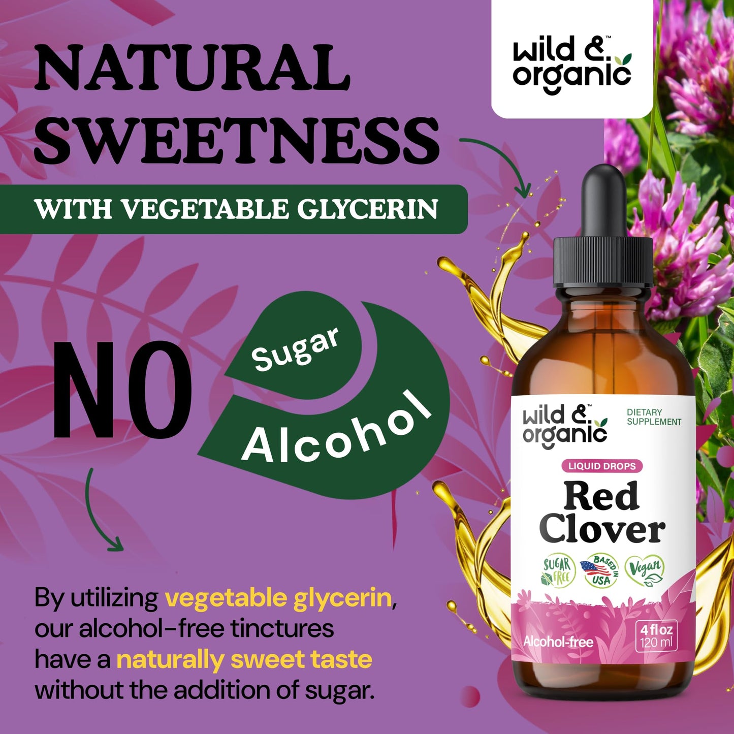 Wild & Organic Red Clover Supplement - Menopause Supplements for Women - Red Clover Extract Drops - Add to Tea Liquid Herb - 2-Month Supply - Sugar & Alcohol-Free Blossom Tincture - 4 fl oz