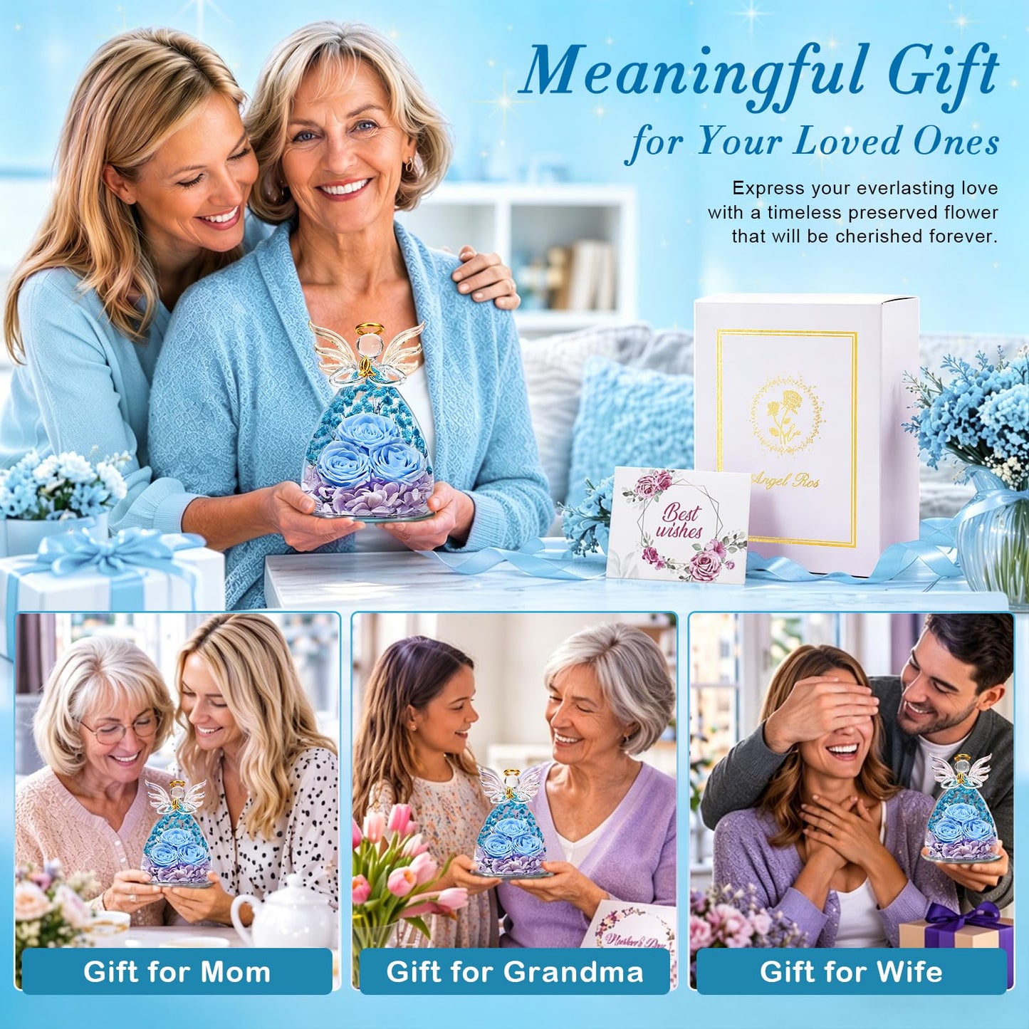 Beferr Mothers Day Mom Birthday Gifts for Women, Fresh Flowers for Delivery Forever Preserved Rose in Glass Angel Figurine, Anniversary Christian Real Rose for Grandma Nana Wife Mum from Daughter Son