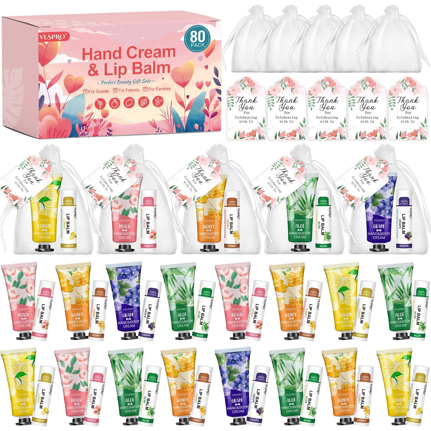 VESPRO 30 Pack Bulk Hand Cream and Bulk Lip Balm Sets, Mothers Day Gifts, Wedding Favors for Guests with Thank You Card and Organza Bags, Birthday Gift, Teacher Appreciation Gifts and Nurse Gift