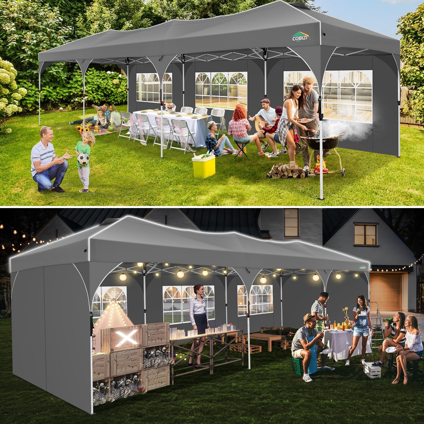 COBIZI 10x20 Pop Up Canopy Tent, Outdoor Party Tent with 4 Sidewalls, 1 Person Easy Set up, Tents for Parties with Fluorescent Strip & 4 Sandbags, Waterproof UPF50+, 3 Adjustable Height, Gray