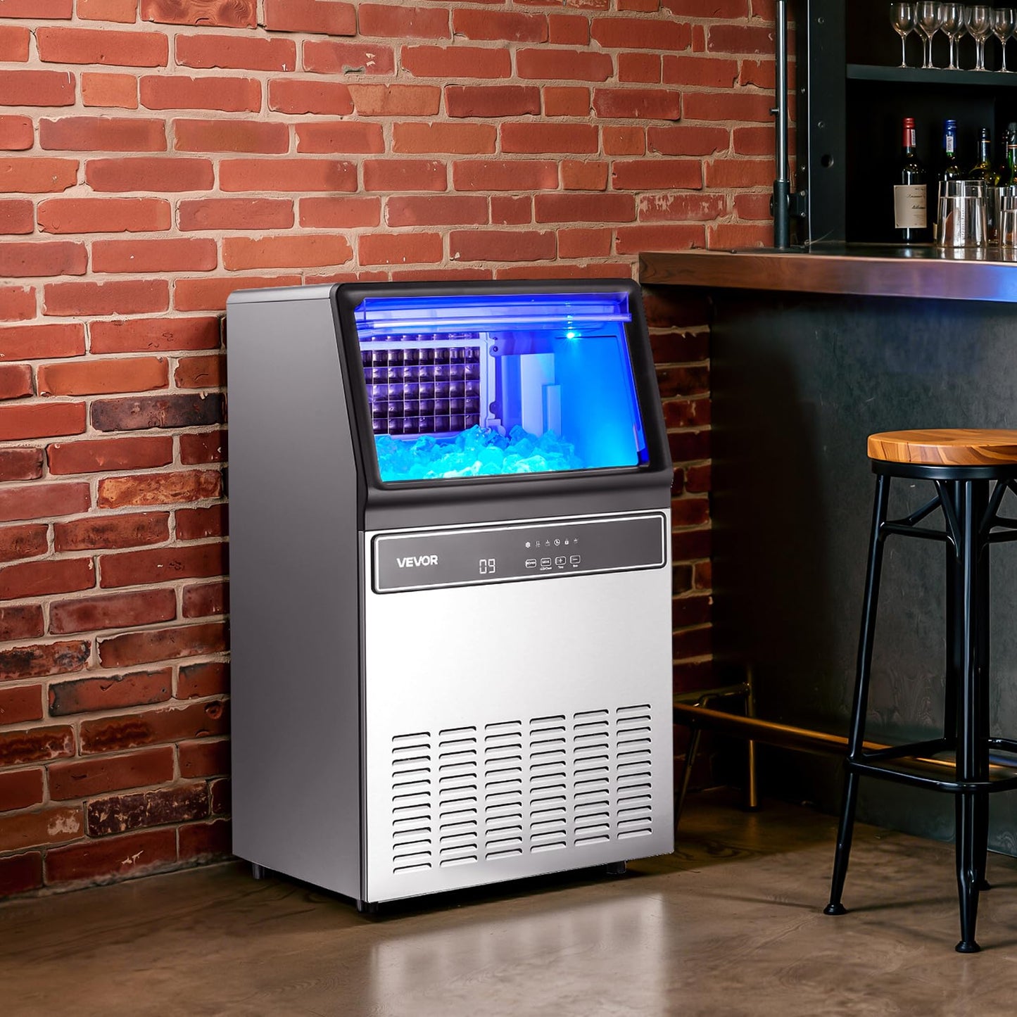 VEVOR Commercial Ice Maker Machine, 265 lbs/24h with 85 lbs Storage Capacity, Built-in/Freestanding/Under Counter, Stainless Steel Ice Maker with LED Display & Self-Cleaning, for Home Bar Restaurant