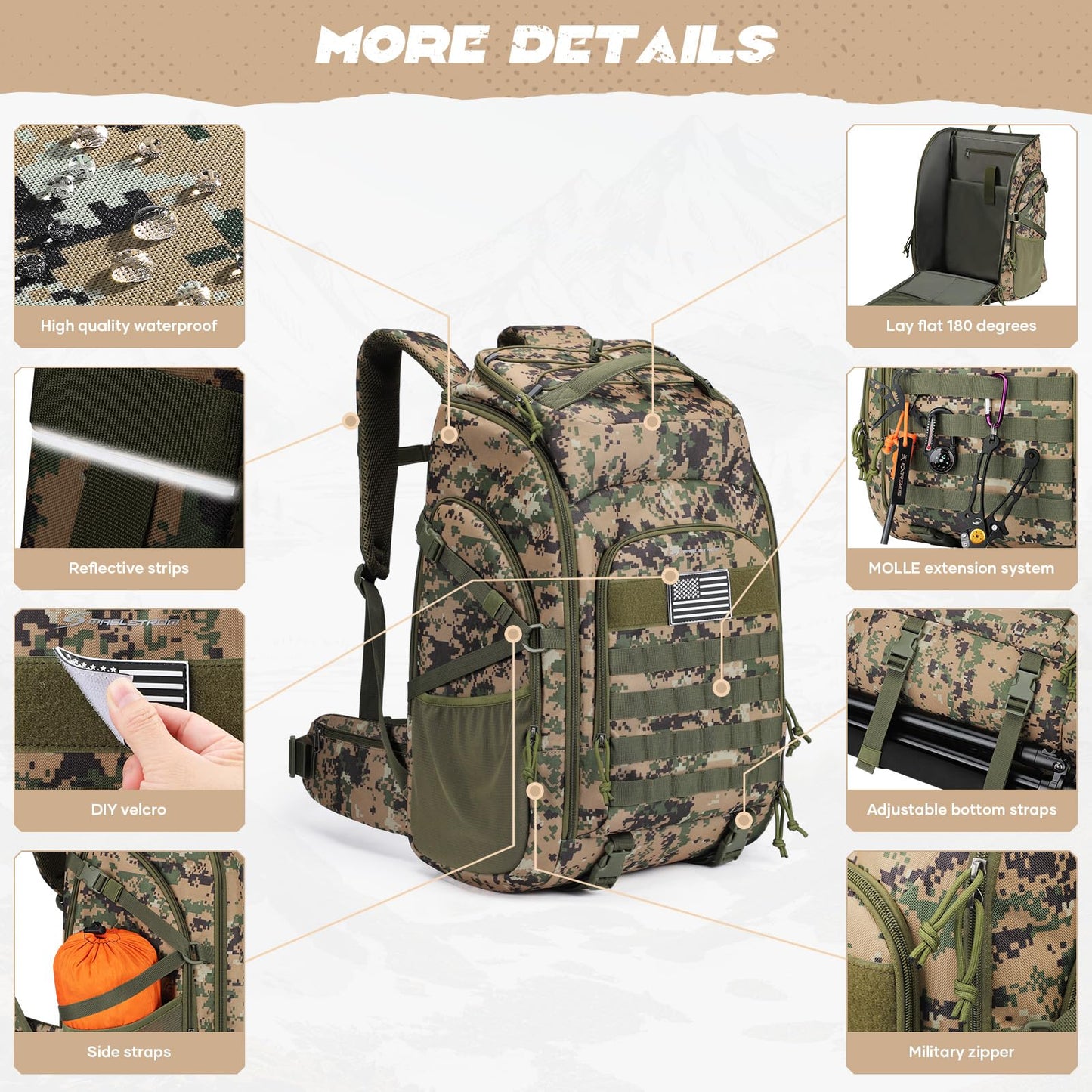 Maelstrom Tactical Backpack for Men, Water Resistant 40L Military Backpack, for Hiking, Camping, Gym with Molle System (Khaki)