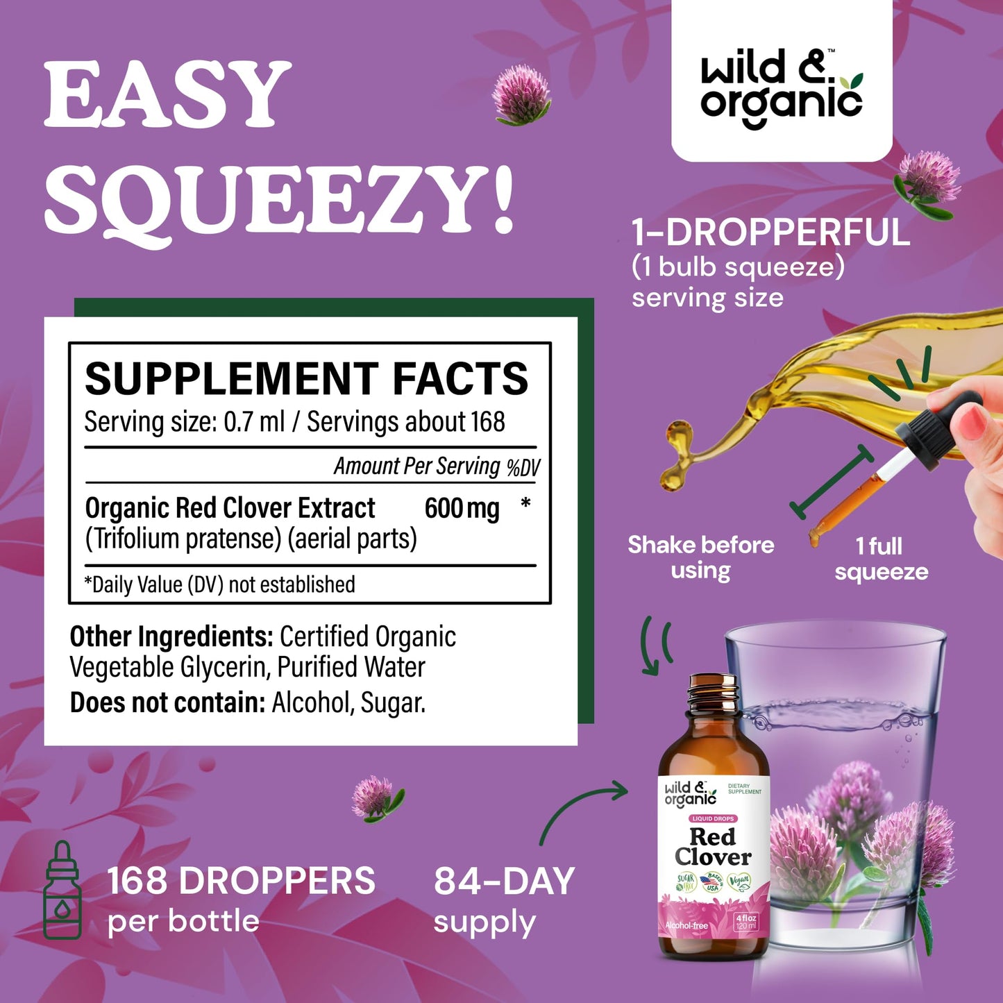Wild & Organic Red Clover Supplement - Menopause Supplements for Women - Red Clover Extract Drops - Add to Tea Liquid Herb - 2-Month Supply - Sugar & Alcohol-Free Blossom Tincture - 4 fl oz