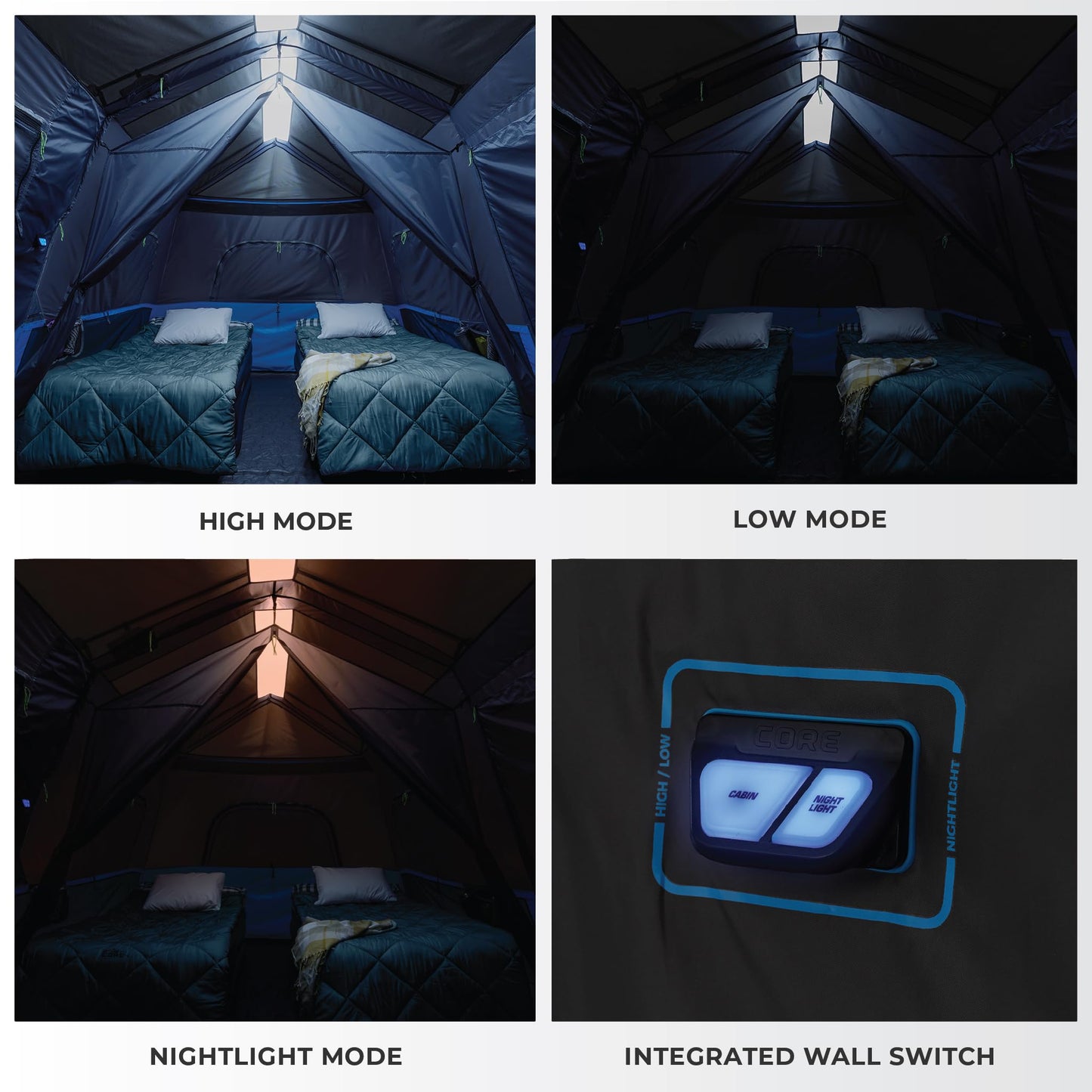 CORE Instant Cabin Tents with LED Lights | Family Multi Room Lighted Pop Up Tents for Camping | Included Storage Pockets for Camping Accessories