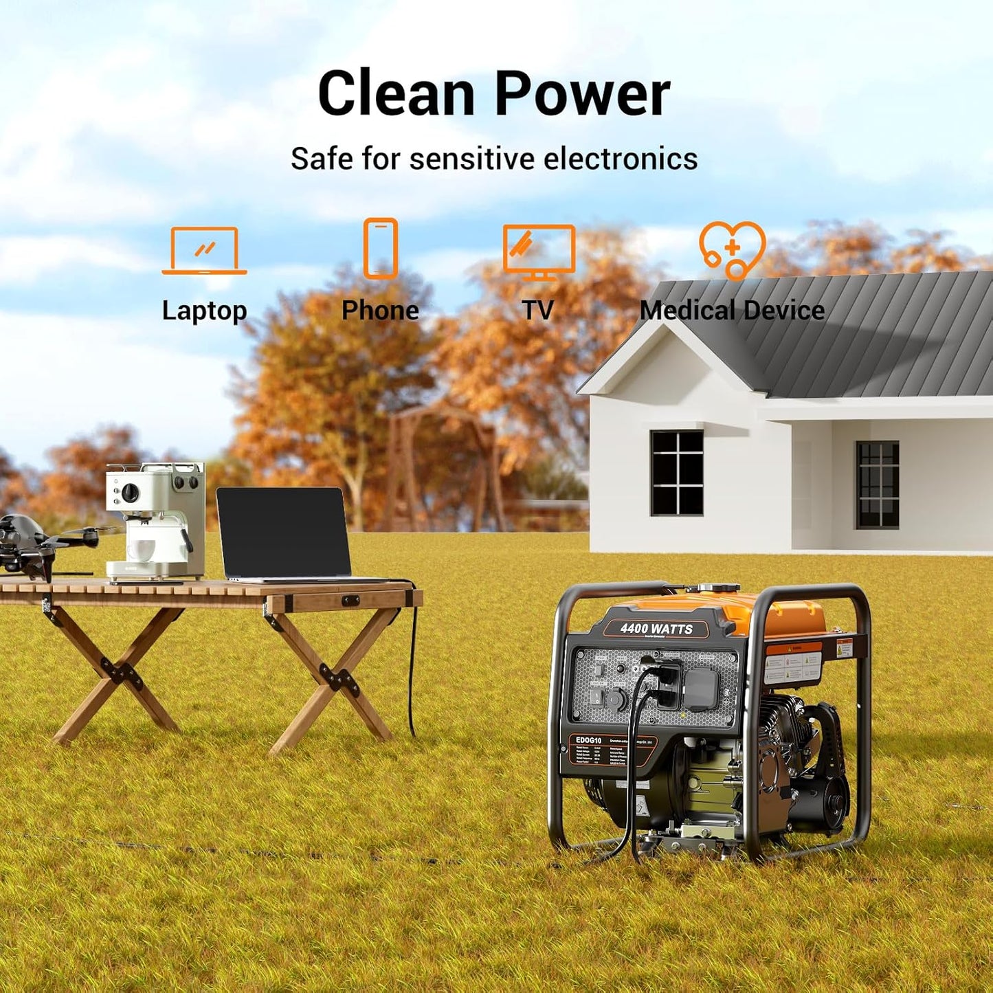EFURDEN 4400-Watts Portable Inverter Generator, Open Frame Generator Gas Powered, Cold Start Technolog, with ECO Mode and Fuel Gauge, Home Backup Power