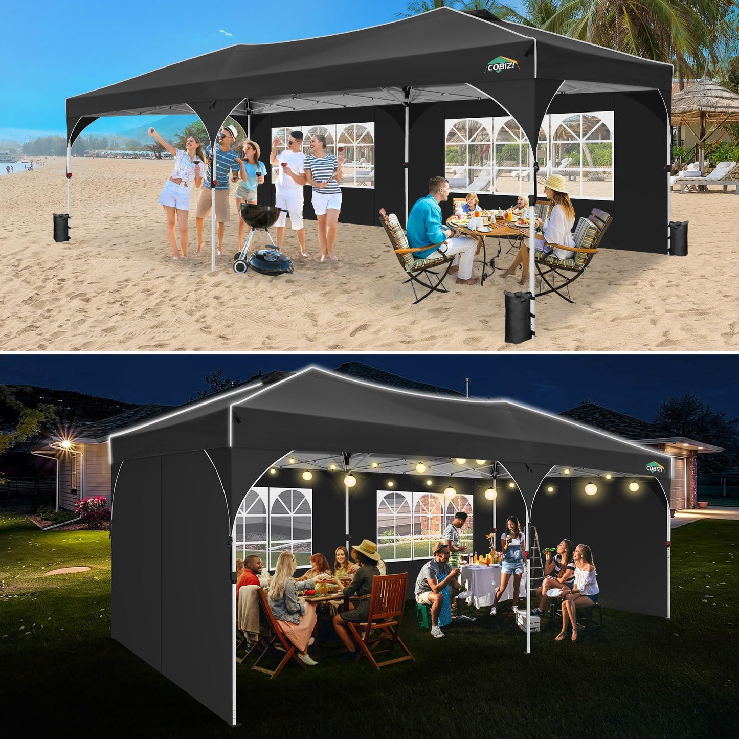 COBIZI 10x20 Pop Up Canopy Tent, Outdoor Party Tent with 4 Sidewalls, 1 Person Easy Set up, Tents for Parties with Fluorescent Strip & 4 Sandbags, Waterproof UPF50+, 3 Adjustable Height, Gray