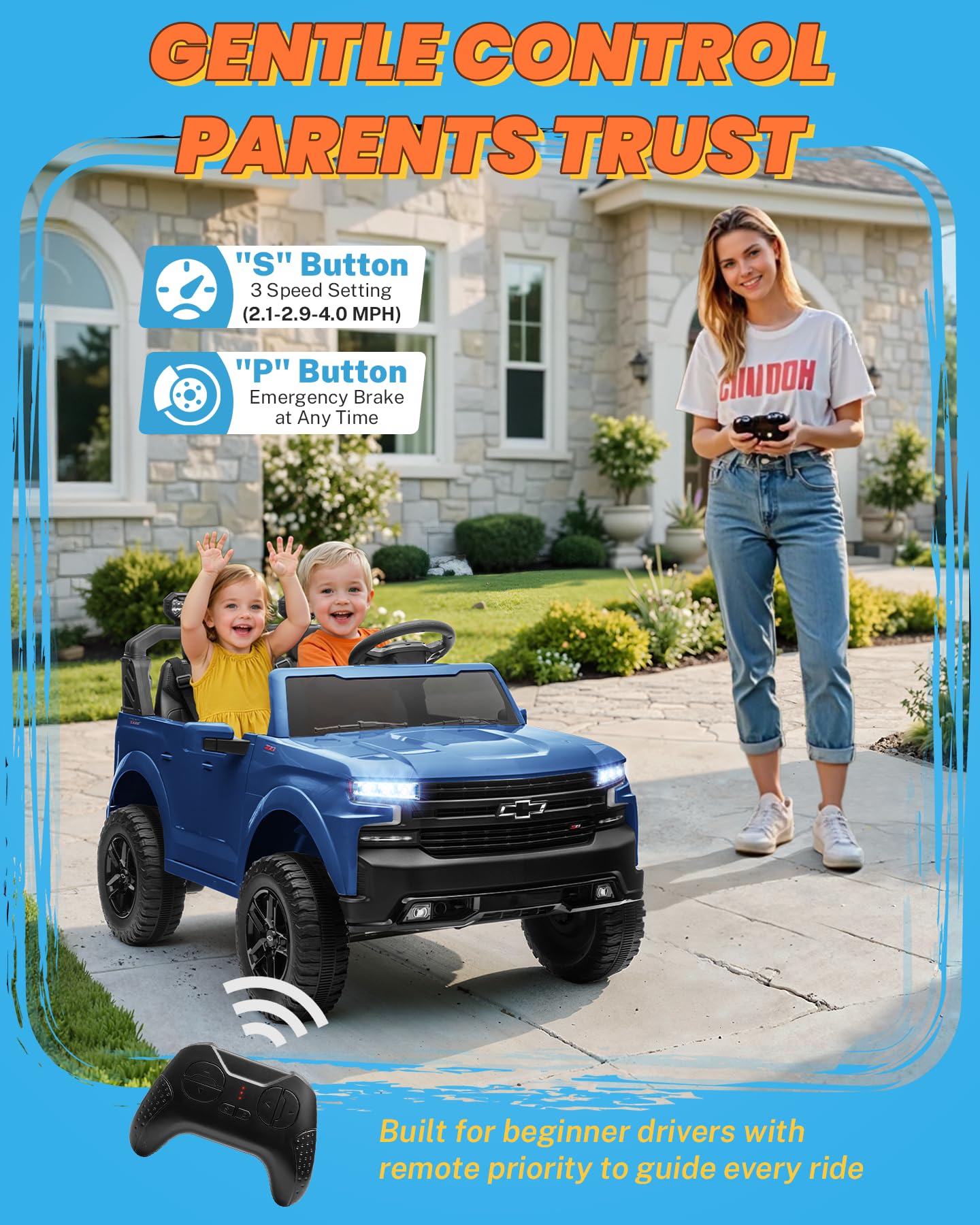 ENYOPRO 24V Ride on Toys, Licensed Chevrolet Silverado LT Trail Boss 2 Seater Ride on Car for Kids, Toddler Electric Car w/Remote Control, Safety Belt, Truck Bed Storage, LED Lights, Bluetooth, Black